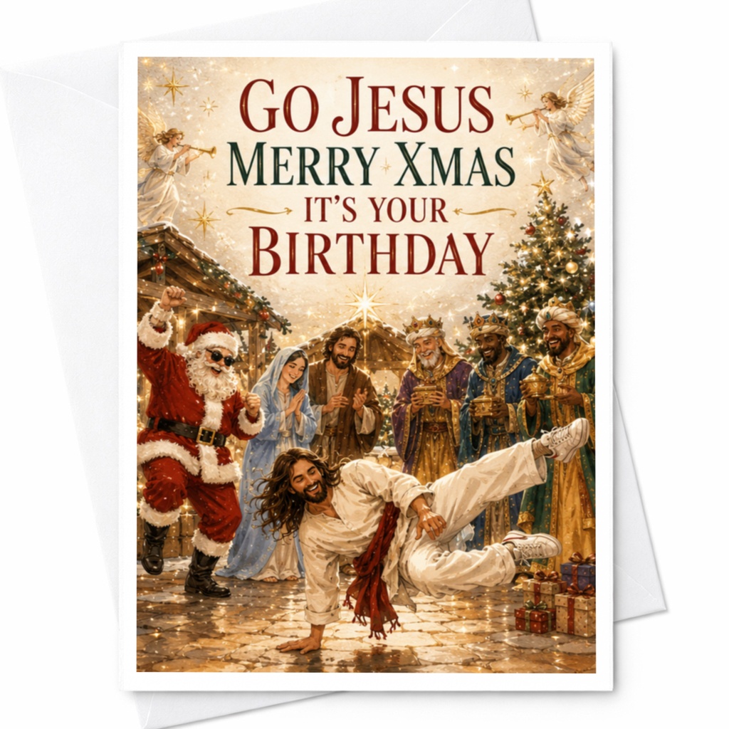 Go Jesus Merry Xmas It's Your Birthday Funny Christmas Card Holiday Greeting Card Santa Jesus Celebration C5907