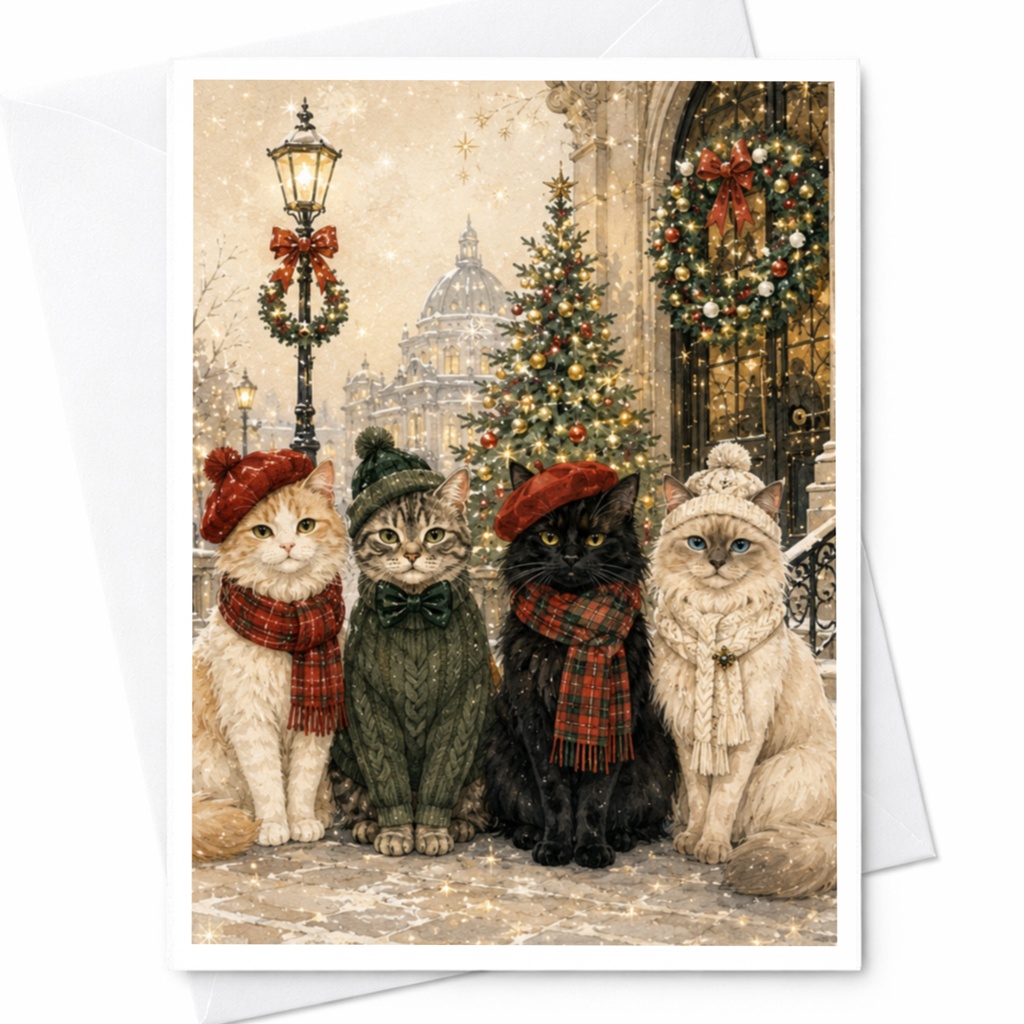 Cats In Christmas Attire Greeting Card Festive Holiday Card Cute Cat Lover Christmas Card Winter Scene Animal Card C5912