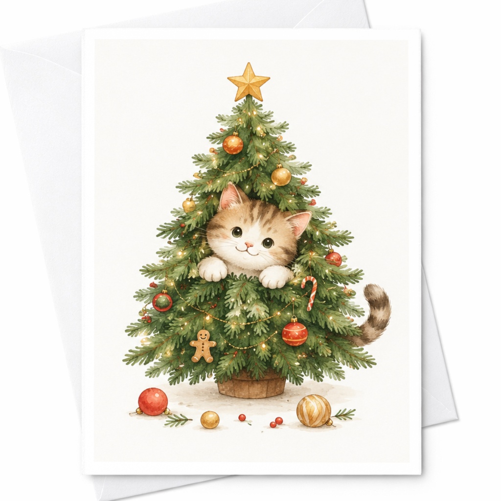 Cute Kitten In Christmas Tree Card Adorable Holiday Greeting Card For Cat Lovers Festive Christmas Card Animal Lover C5913