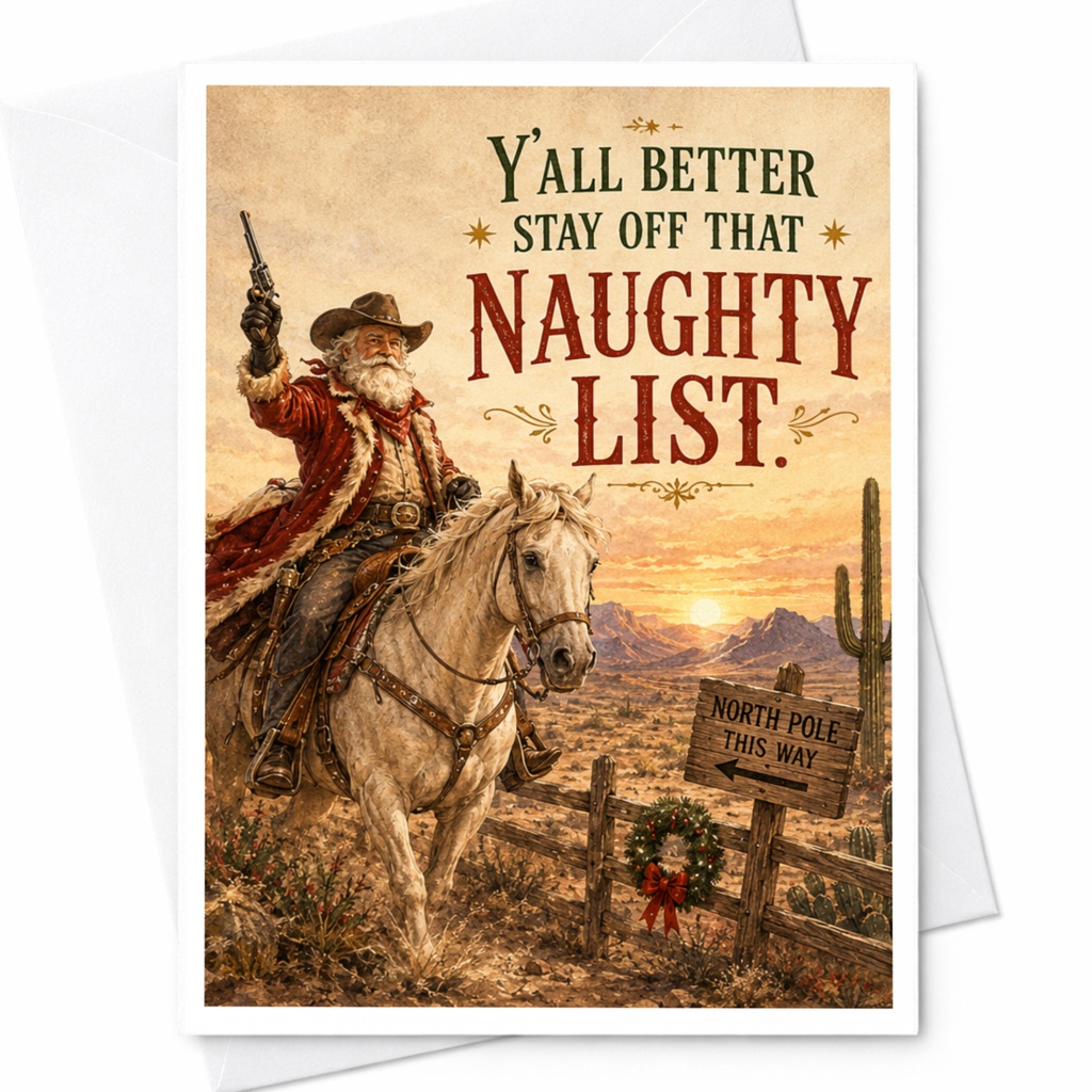 Y'all Better Stay Off That Naughty List Christmas Card Funny Santa Cowboy Holiday Greeting Western Theme C5916