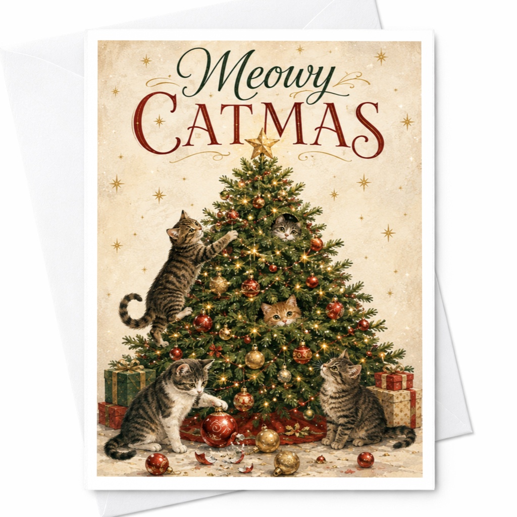 Meowy Catmas Funny Christmas Card Cute Cats In Tree Holiday Greeting Card For Cat Lover Festive Xmas Card Animal Lover C5917