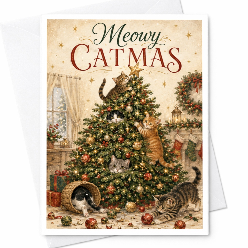 Meowy Catmas Christmas Card Cute Cats In Tree Holiday Greeting Card For Cat Lover Festive Feline Xmas Card Animal Lover C5918