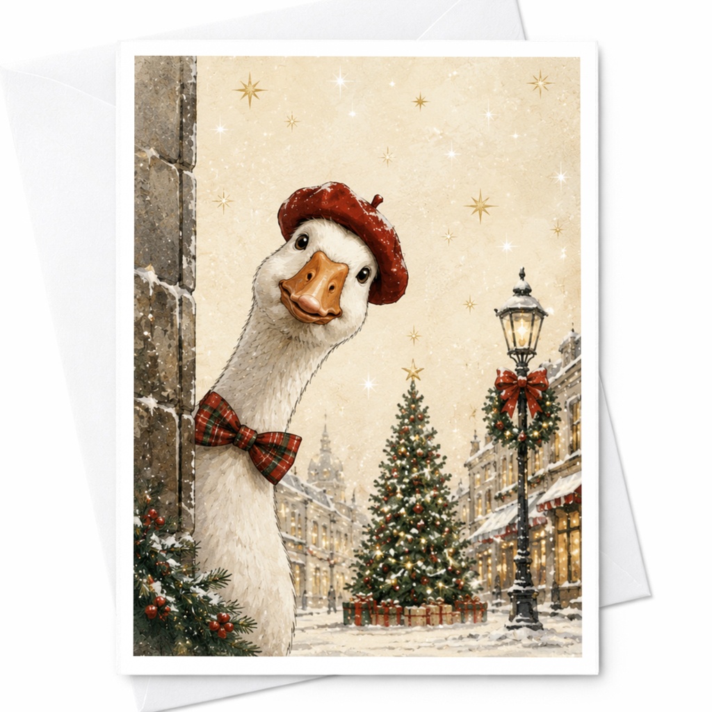Festive Goose Christmas Card Cute Holiday Greeting Card For Animal Lover Winter Scene With Tree And Snow C5919