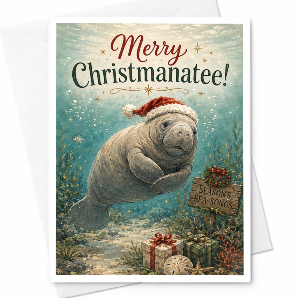 Merry Christmanatee! Funny Christmas Card Cute Manatee With Santa Hat Holiday Greeting Card For Animal Lover Ocean Theme C5922