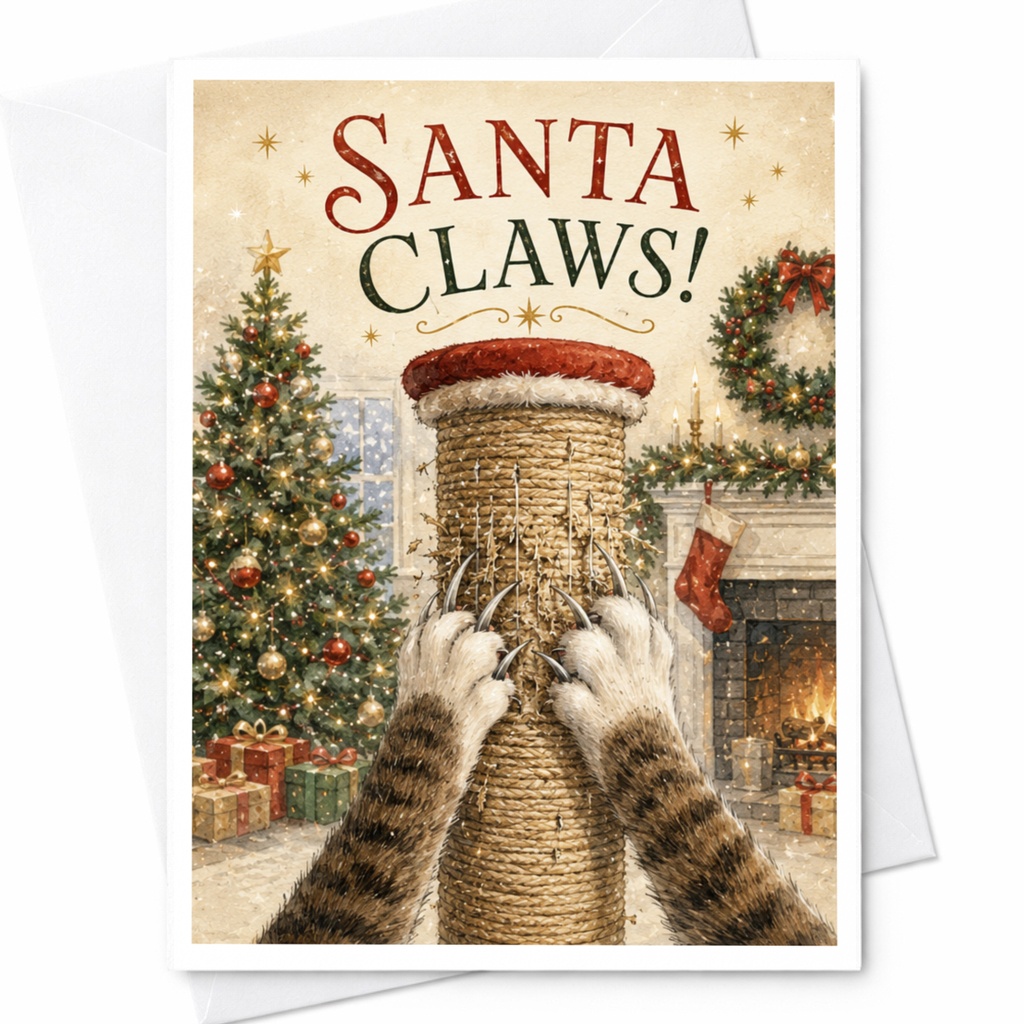 Santa Claws! Funny Christmas Cat Card Holiday Greeting Card For Cat Lovers Cute Santa Claus Pun Card Festive C5923