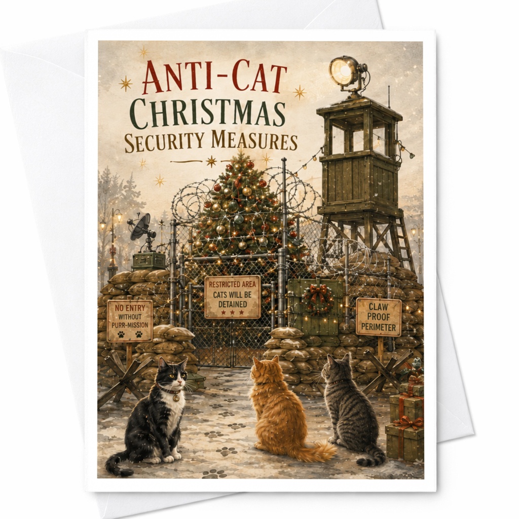 Anti-Cat Christmas Security Measures Funny Cat Christmas Card Holiday For Cat Lovers Cute Festive Greeting Card C5926