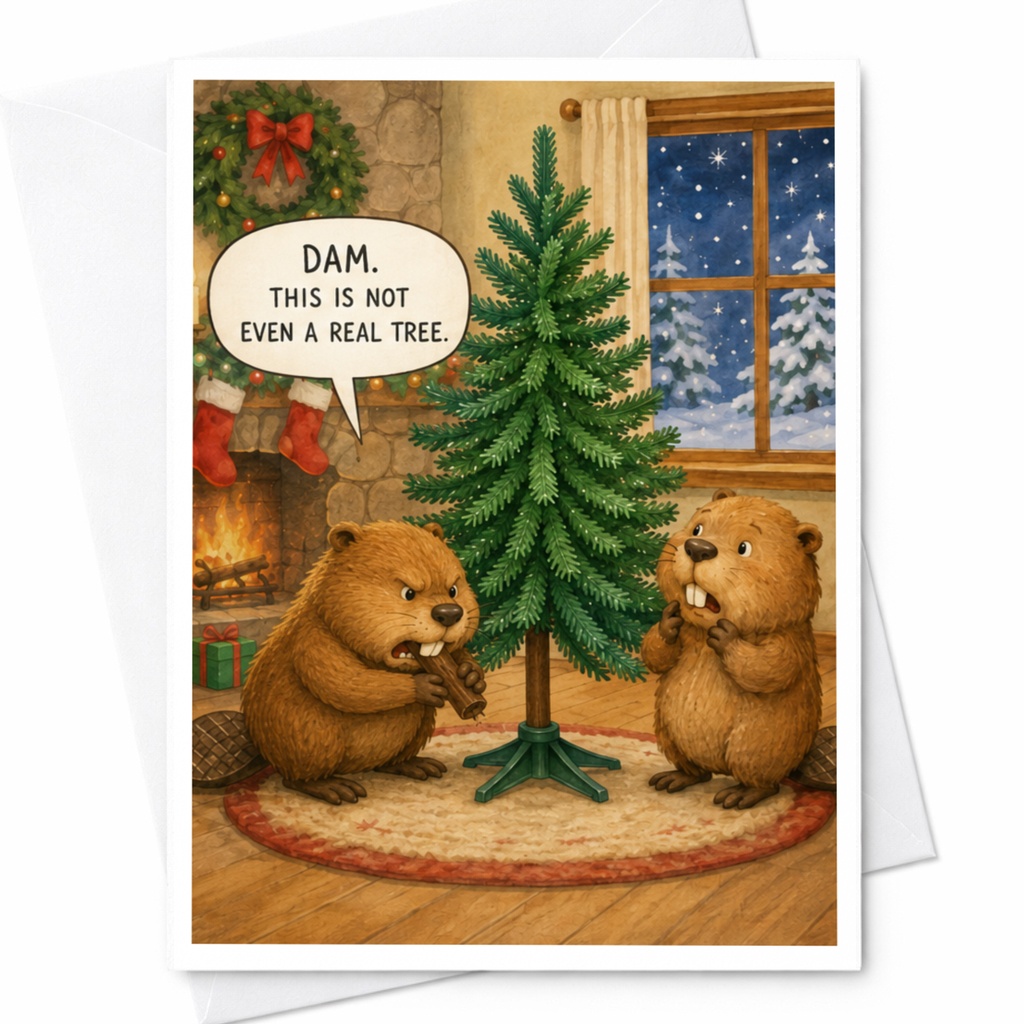 Dam. This Is Not Even A Real Tree. Funny Beaver Christmas Card Cute Holiday Greeting Card For Friends Xmas Card C5927