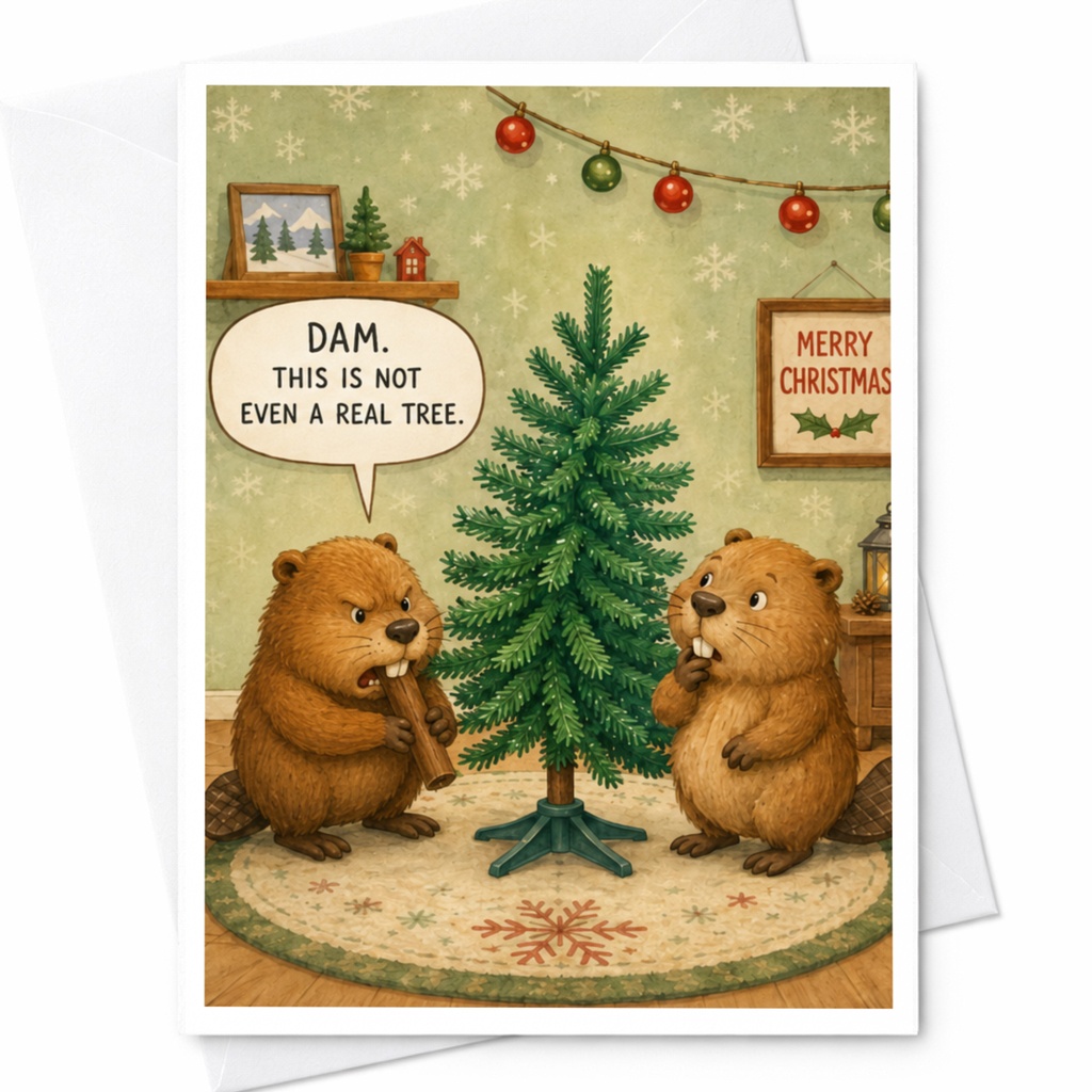 Dam. This Is Not Even A Real Tree. Funny Beaver Christmas Card Cute Holiday Greeting Card For Friends Family Xmas C5928