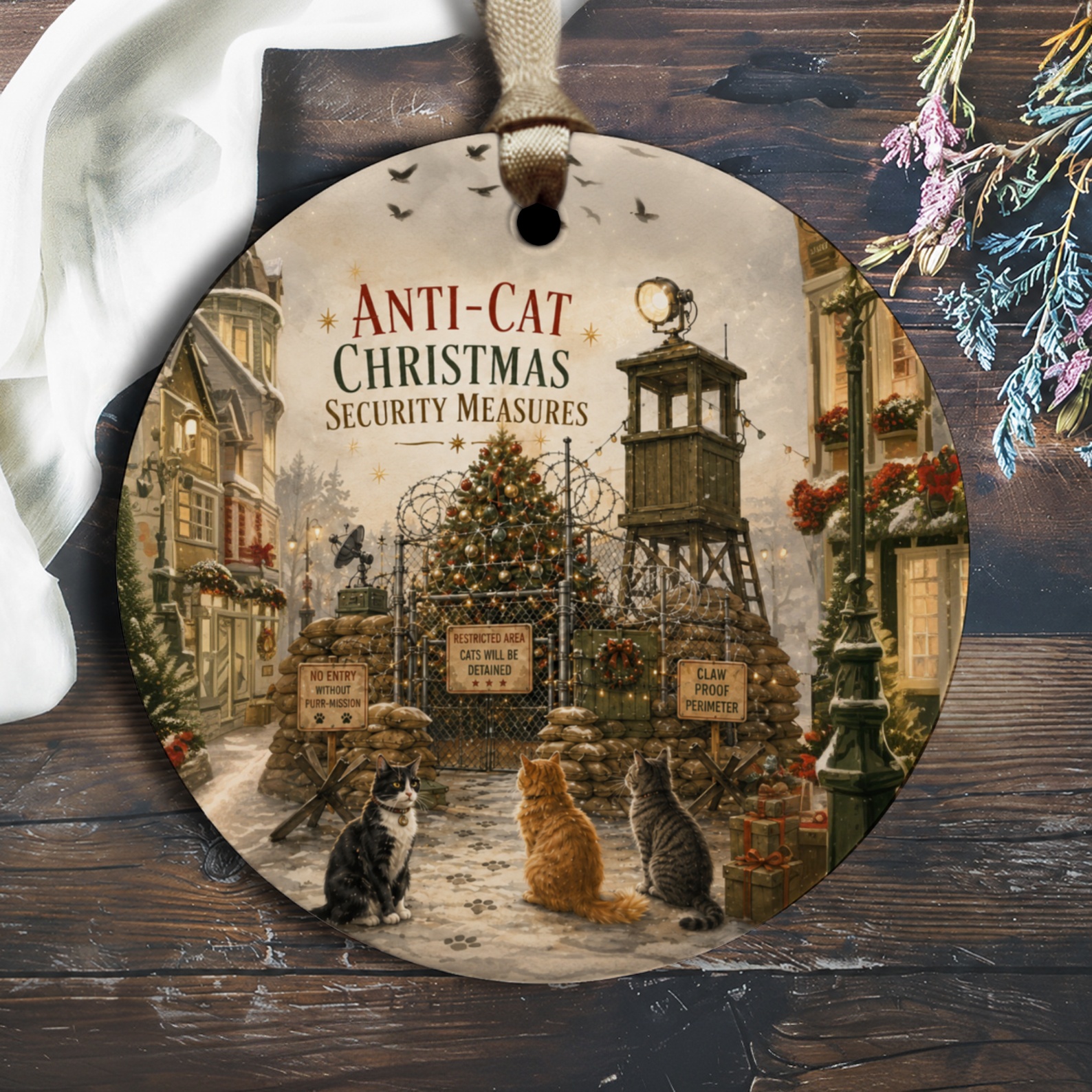 Anti-Cat Christmas Security Measures Funny Cat Ornament Christmas Tree Decoration Holiday Gift For Cat Lovers O1714