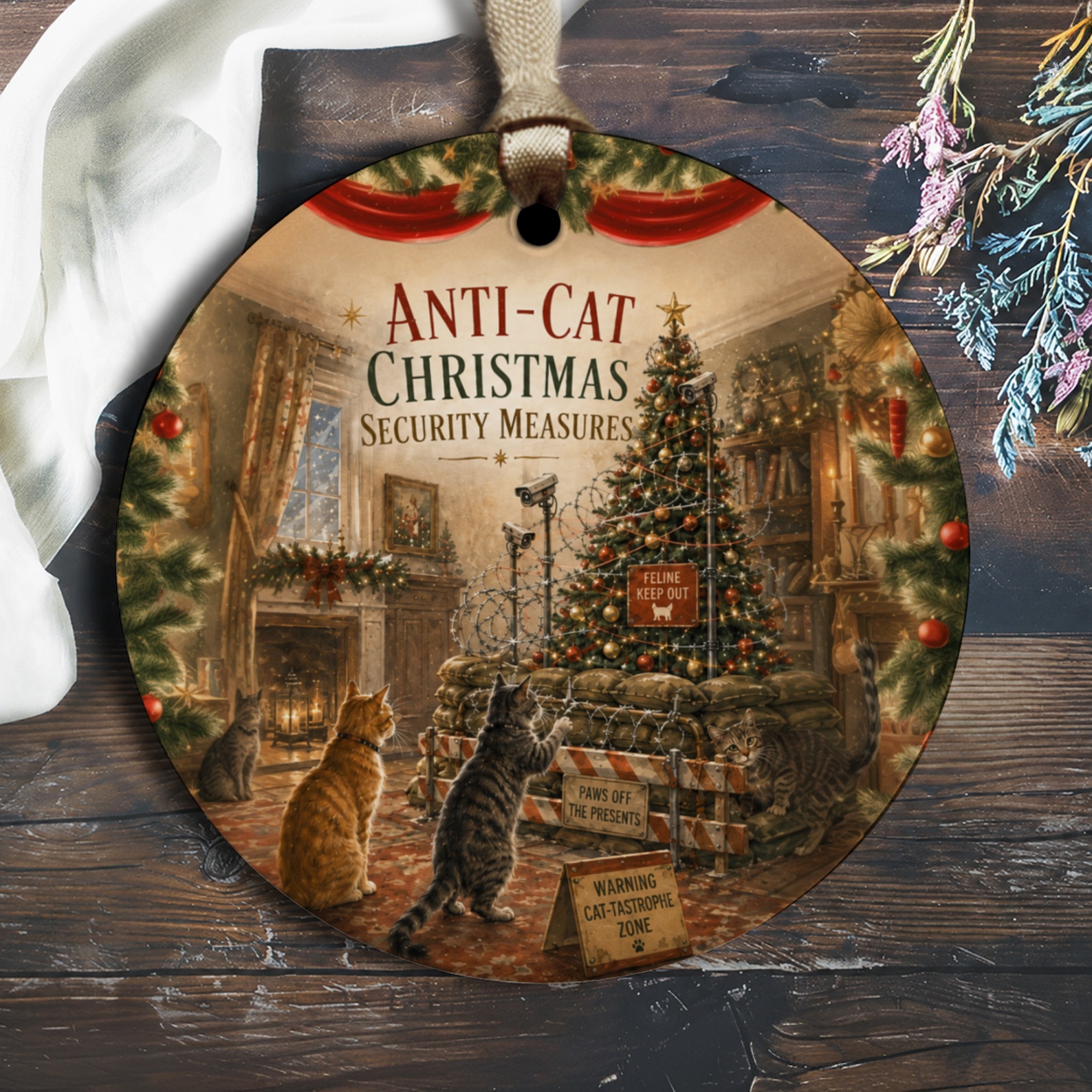 Anti-Cat Christmas Security Measures Funny Cat Christmas Ornament Holiday Decor Cat Lover Gift Cute Festive Tree Decoration O1715