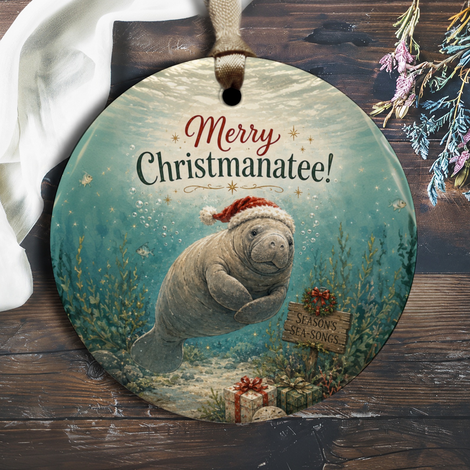 Merry Christmanatee! Christmas Ornament Cute Manatee With Santa Hat Holiday Decor Sea Animal Lovers Gift O1717