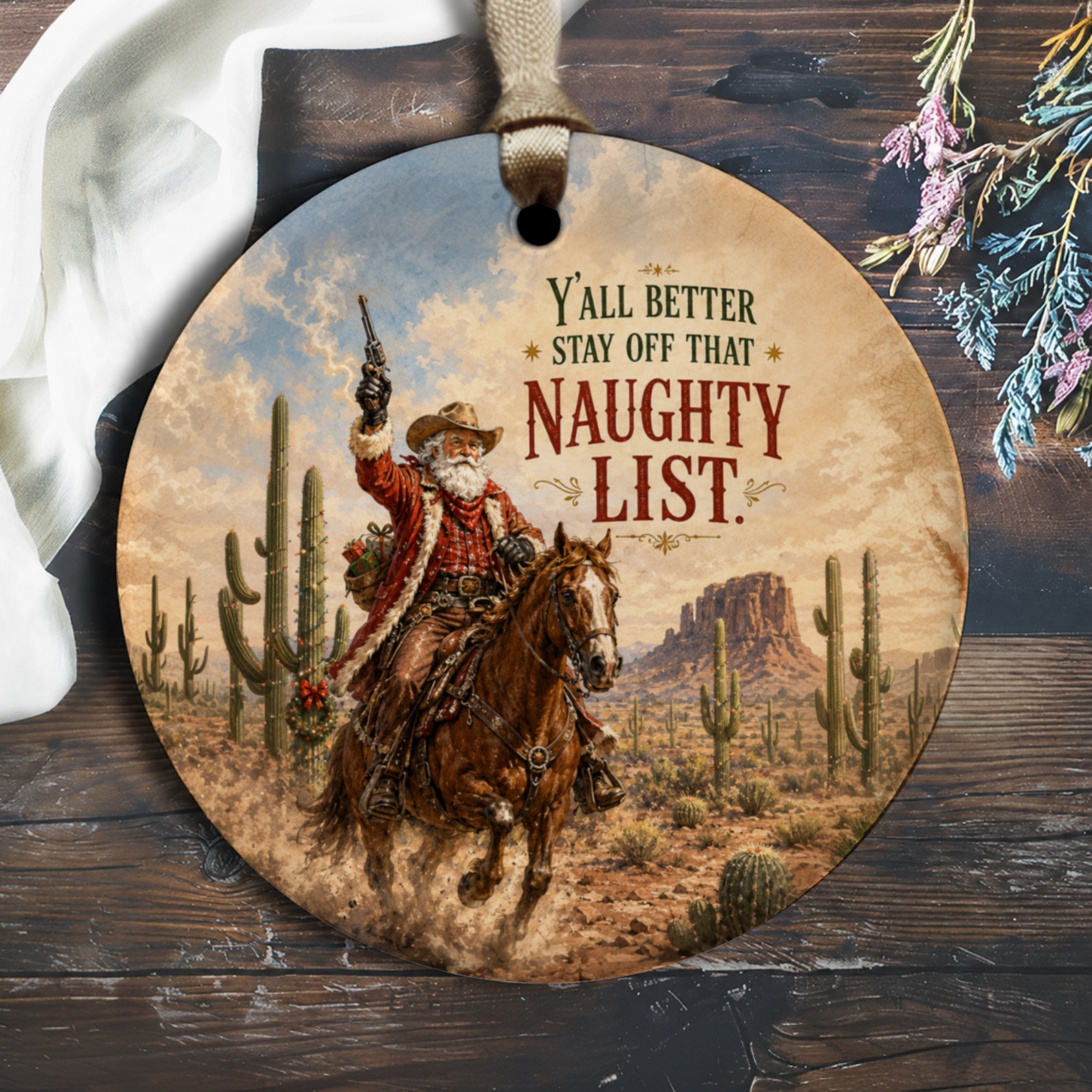 Y'all Better Stay Off That Naughty List Christmas Ornament Cowboy Santa Western Holiday Decor Rustic Xmas Gift O1724