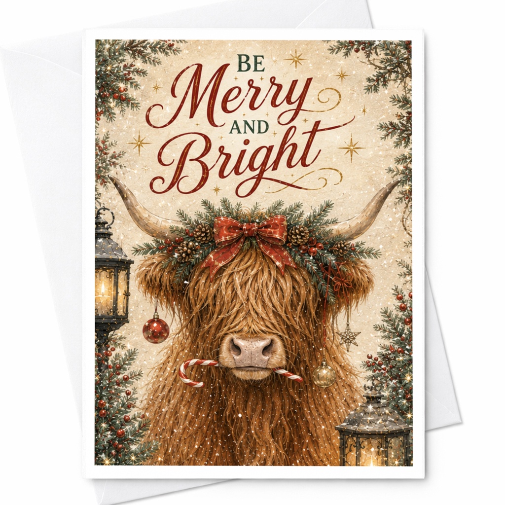 Be Merry And Bright Christmas Card Festive Highland Cow Holiday Greeting Card Cute Animal Xmas Card For Her Him C5930