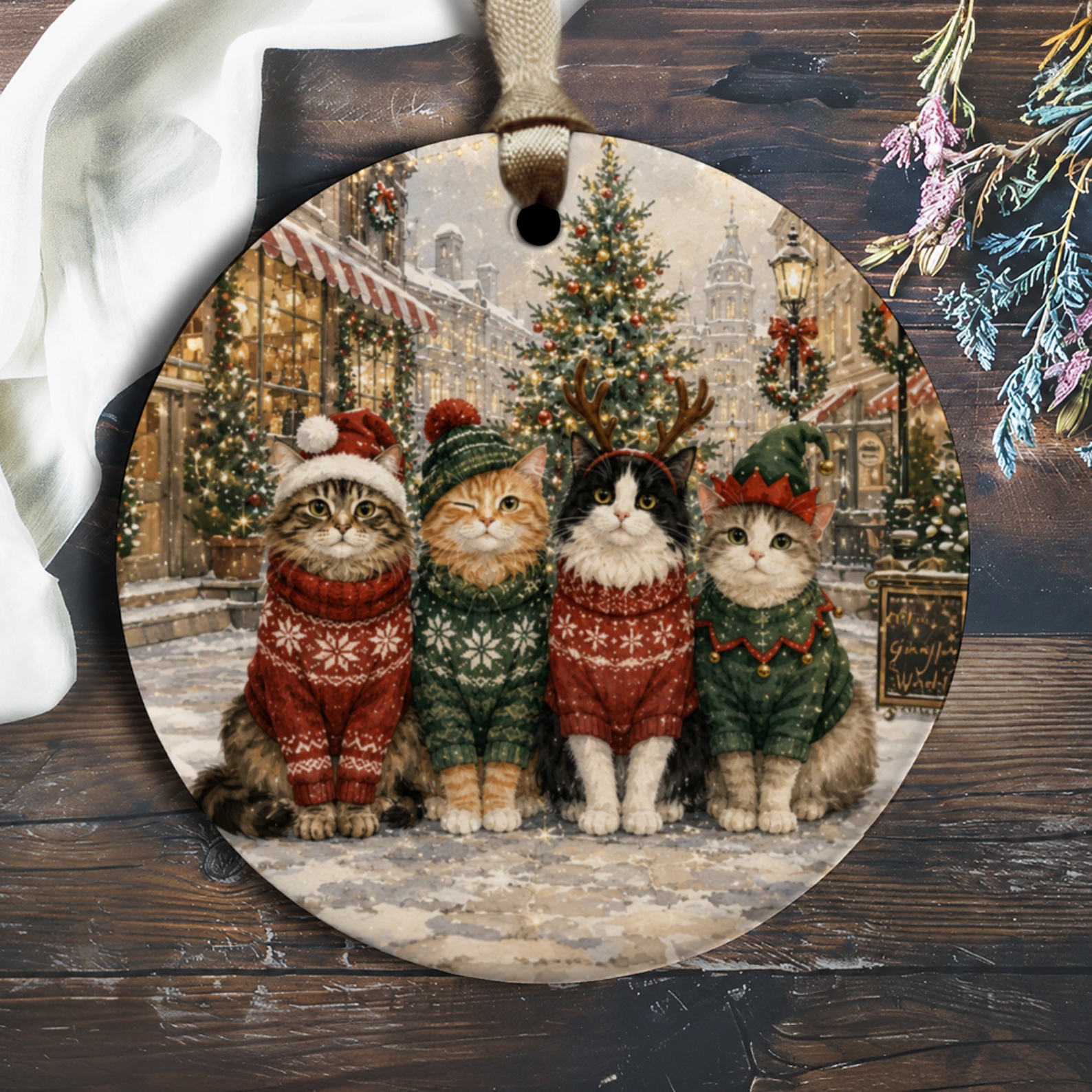 Cats In Christmas Sweaters Ornament Festive Holiday Decor Cute Cat Lover Gift Winter Wonderland Scene O1726