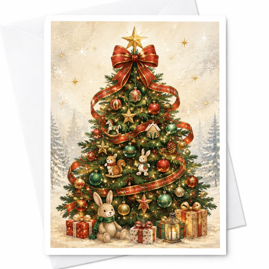 Christmas Tree Greeting Card Festive Holiday Card With Ornaments Gifts Cute Animal Decorations For Family Friends Seasonal Card C5934
