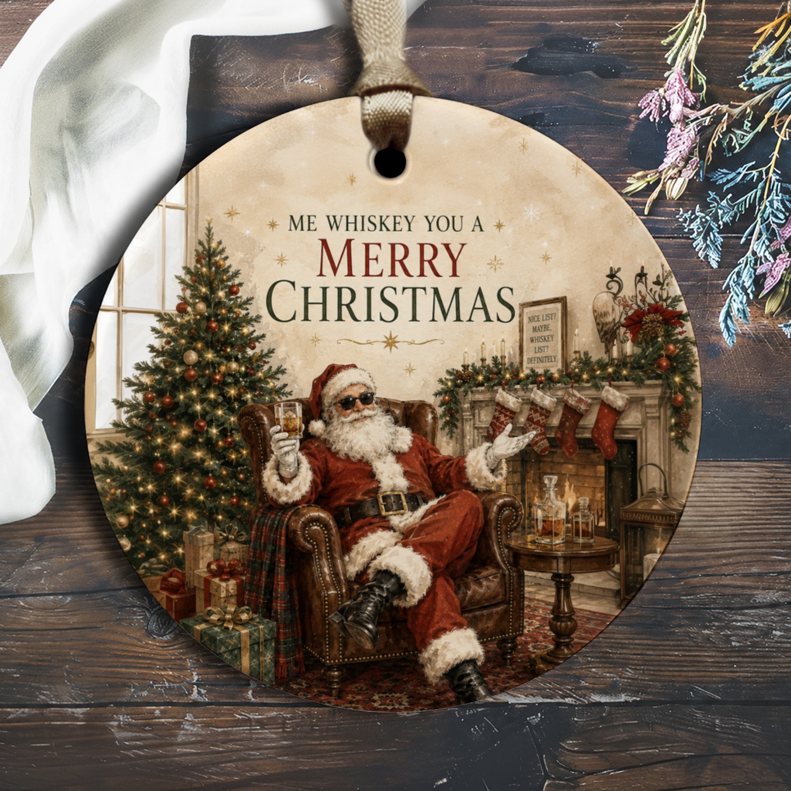 Me Whiskey You A Merry Christmas Funny Santa Ornament Christmas Decor Holiday Gift For Whiskey Lovers Festive Tree Decoration O1732