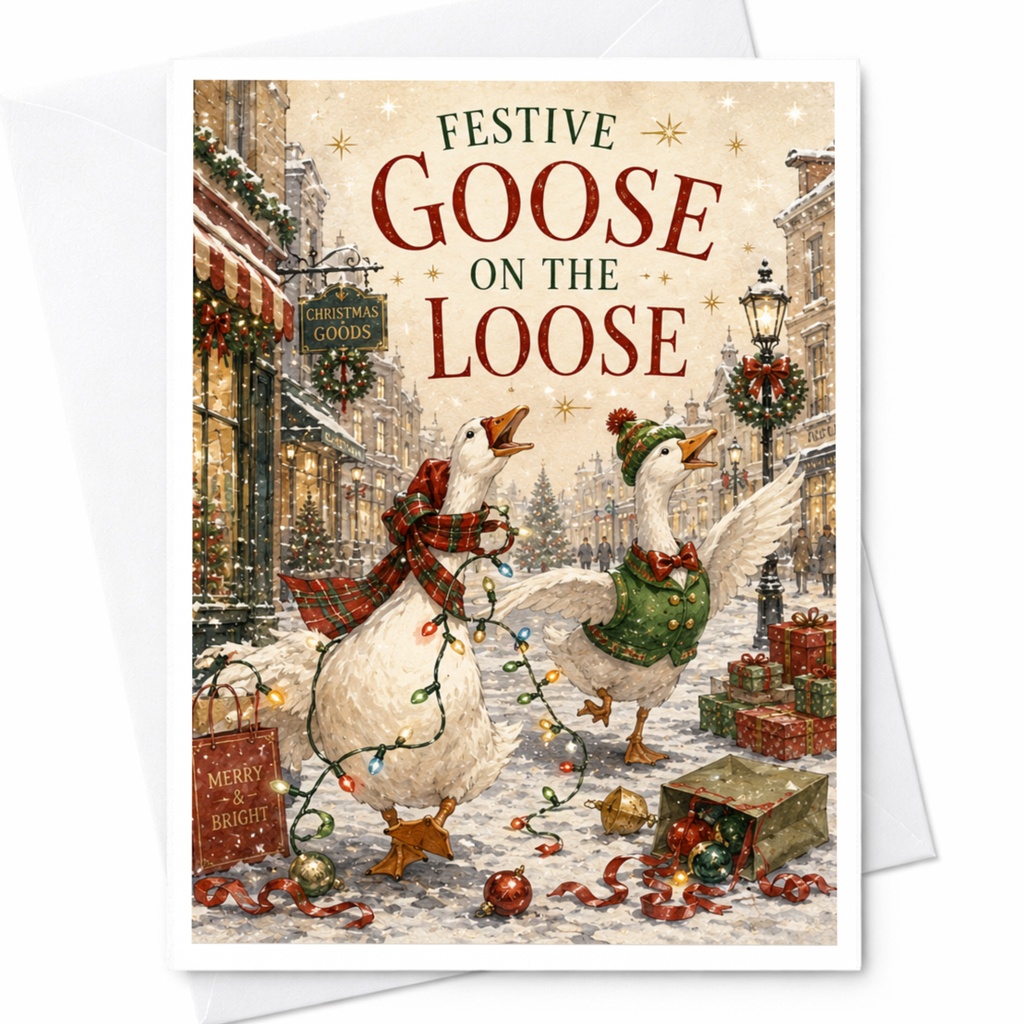 Festive Goose On The Loose Christmas Card Funny Holiday Greeting Card For Animal Lover Cute Geese Festive Winter Scene C5939