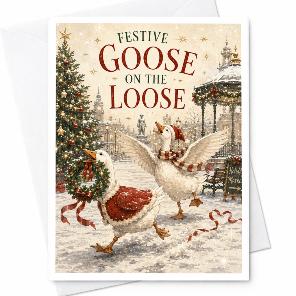Festive Goose On The Loose Christmas Card Cute Holiday Greeting Card For Animal Lover Funny Goose Winter Scene C5940