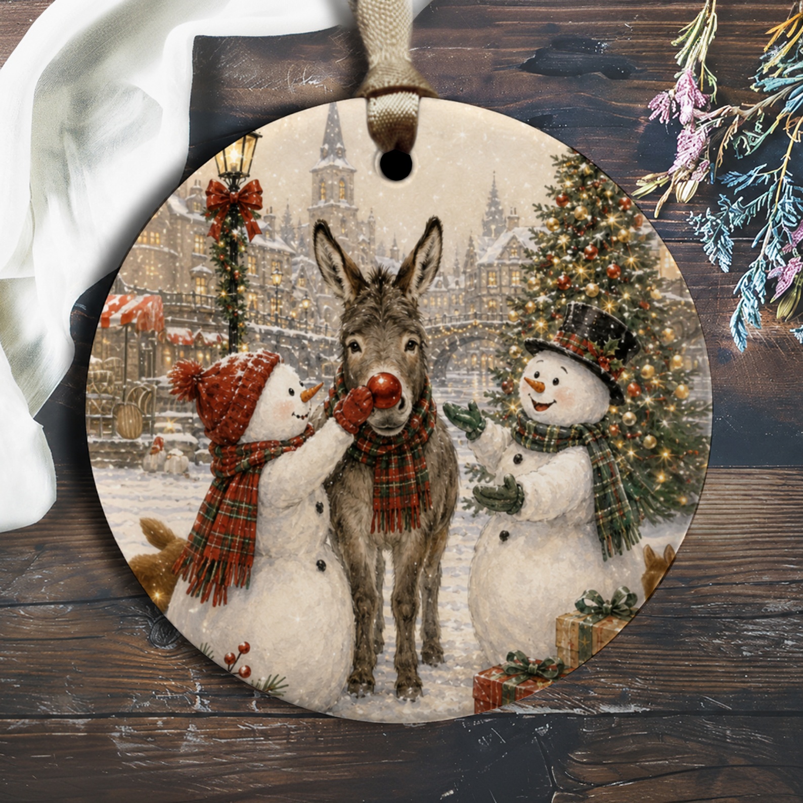 Snowmen And Donkey Christmas Ornament Festive Holiday Decor Winter Scene Cute Animal Ornament For Tree Decoration O1739