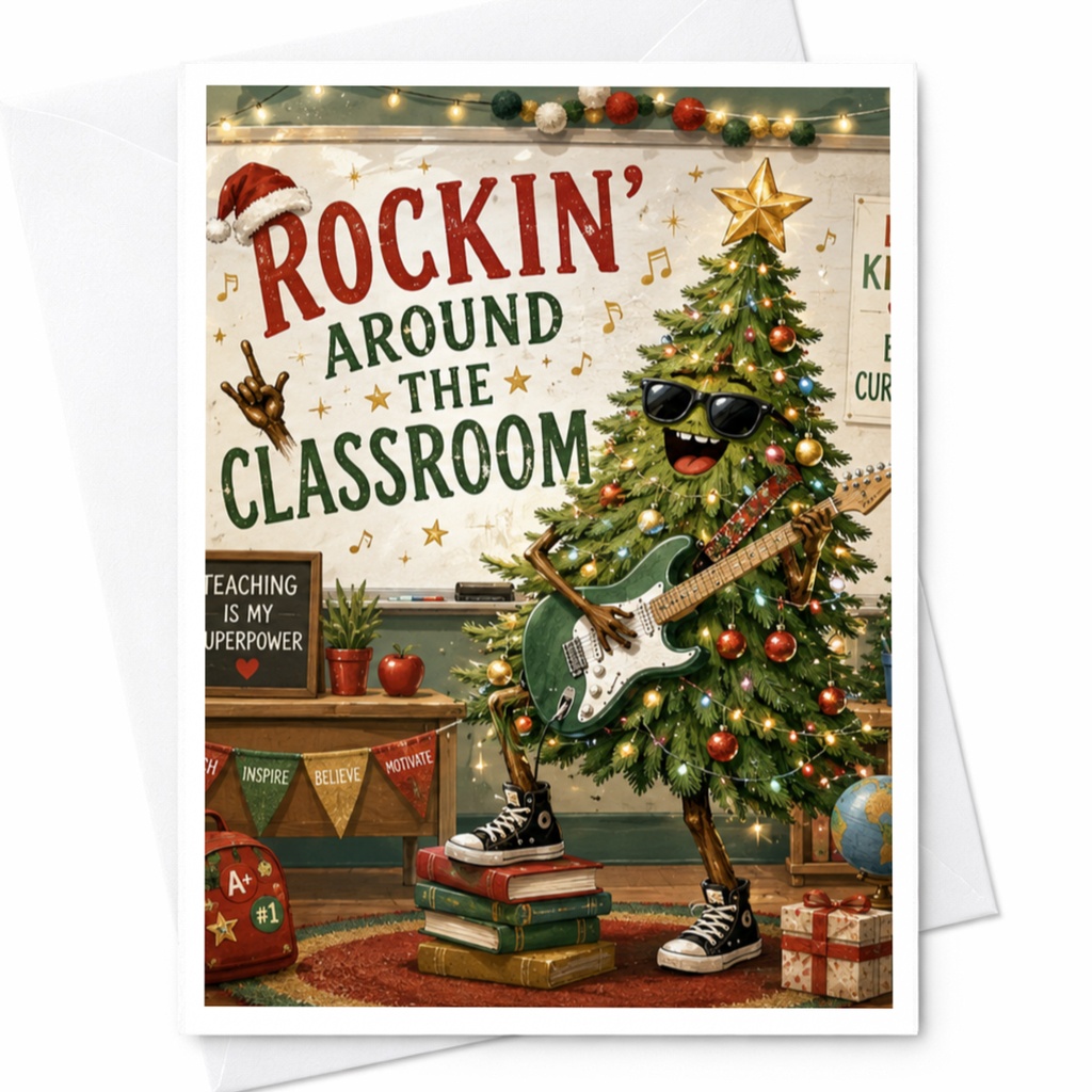 Rockin' Around The Classroom Funny Christmas Card Teacher Holiday Greeting Card Classroom Decor Music Lover Xmas Card C5942