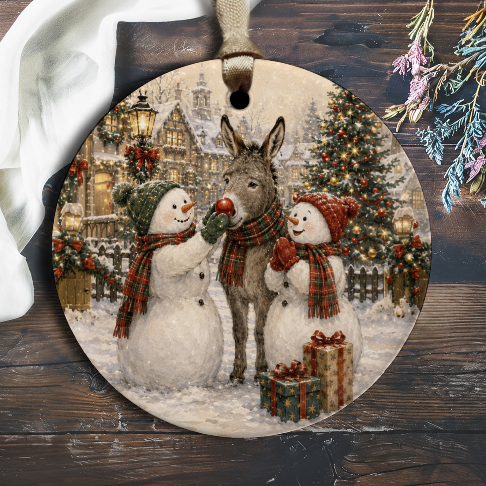Snowmen And Donkey Christmas Ornament Winter Scene Holiday Decor Cute Festive Decoration For Tree Gift Idea O1740