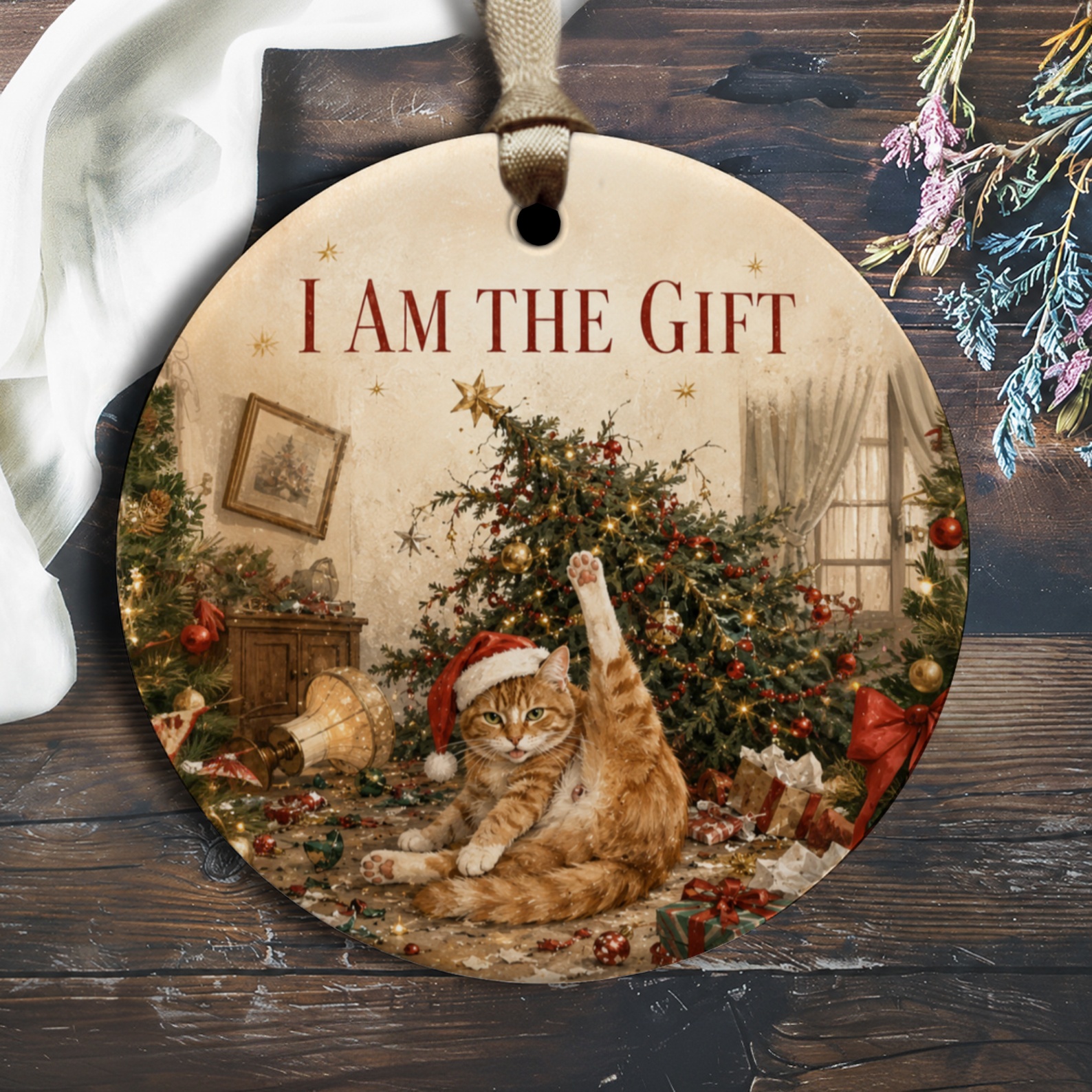 I Am The Gift Christmas Ornament Funny Cat With Santa Hat Holiday Decor Cute Animal Lover Gift O1745