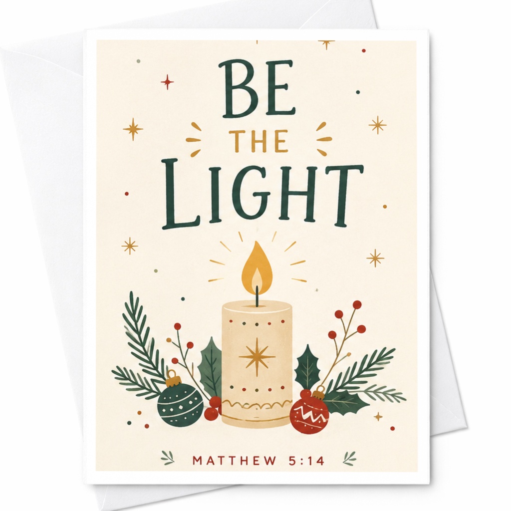Be The Light Christmas Card Religious Holiday Greeting Card Matthew 5:14 Inspirational Candle For Family Friends C5947