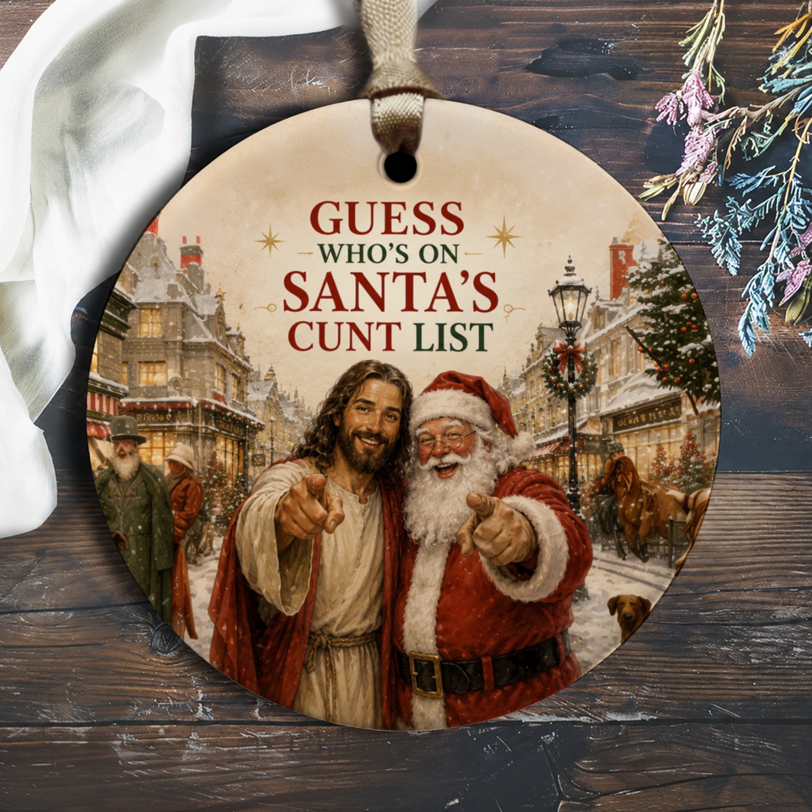 Guess Who's On Santa's Cunt List Funny Christmas Ornament Santa And Jesus Holiday Decor Gift Idea O1748