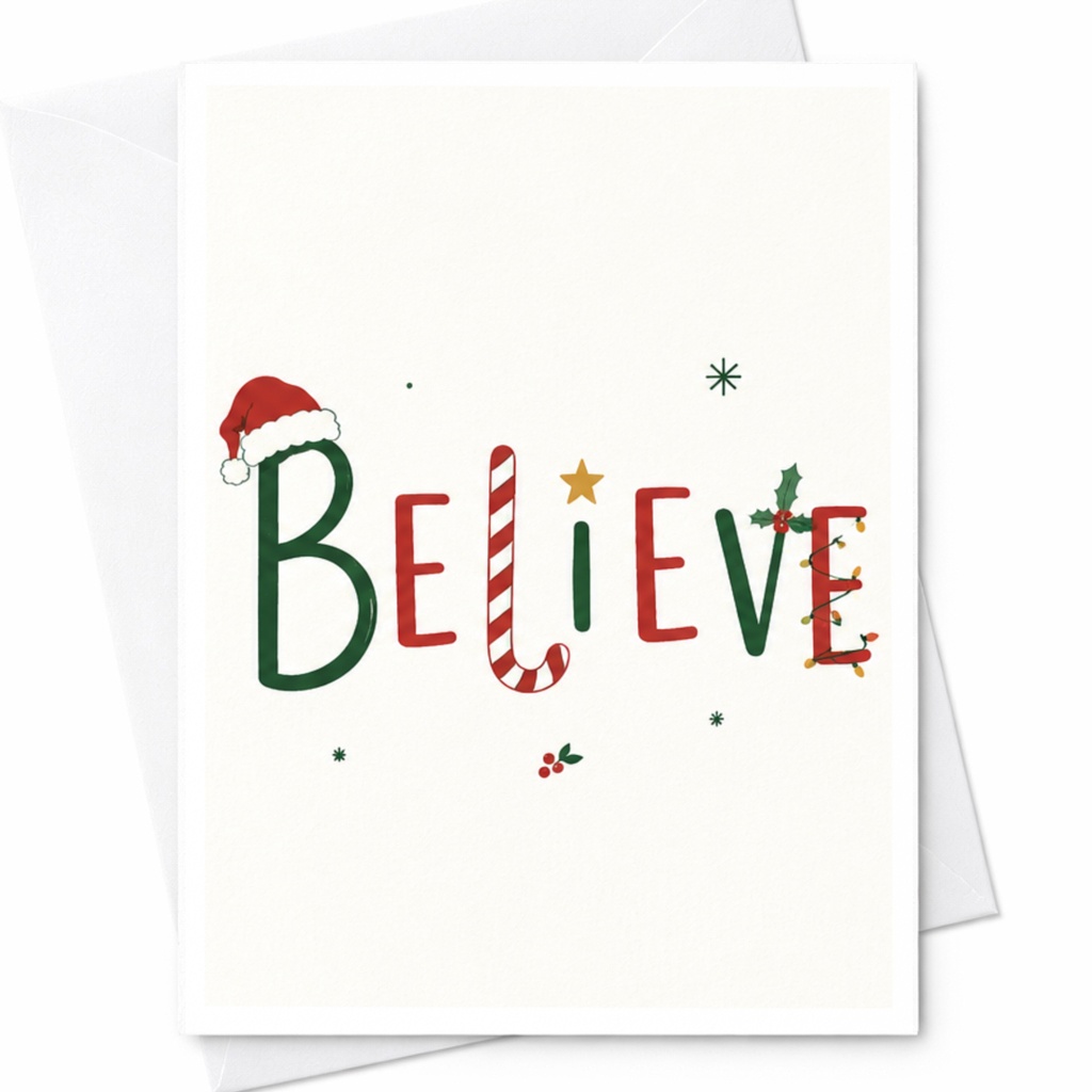 Believe Christmas Card Festive Holiday Greeting Card With Santa Hat Candy Cane Holly For Family Friends Cute C5949
