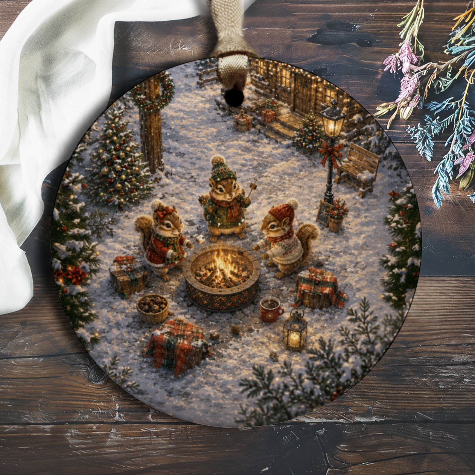Christmas Ornament Squirrels Around Campfire Winter Scene Holiday Decor Cute Animal Ornament For Nature Lovers O1753