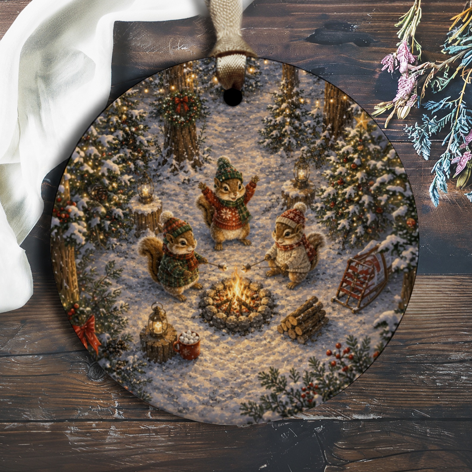 Christmas Ornament Cute Squirrels Around Campfire Winter Scene Holiday Decor Woodland Animal Lovers Gift O1754