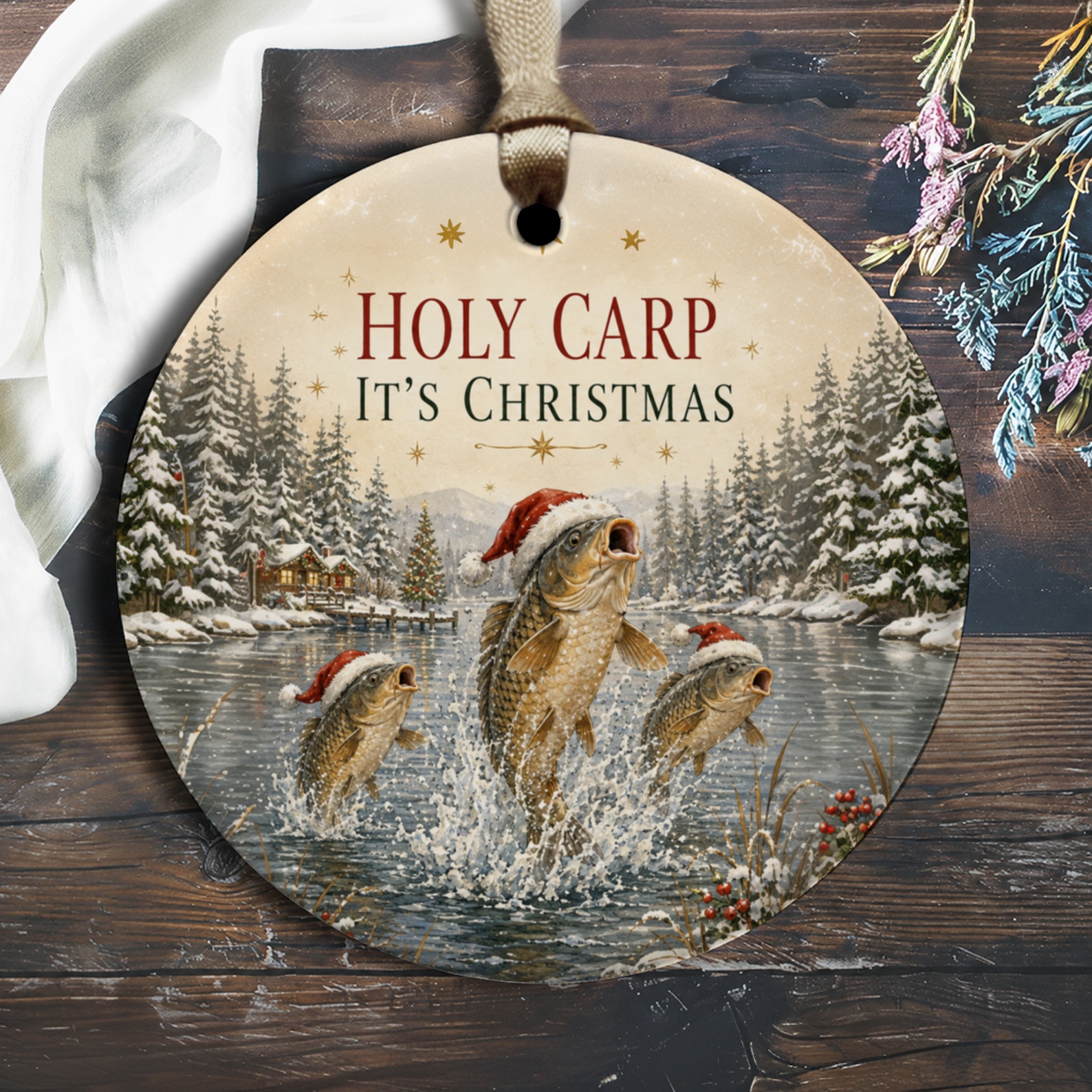 Holy Carp It's Christmas Funny Fish Ornament Christmas Decor Holiday Gift For Fisherman Cute Santa Hat Ornament O1760