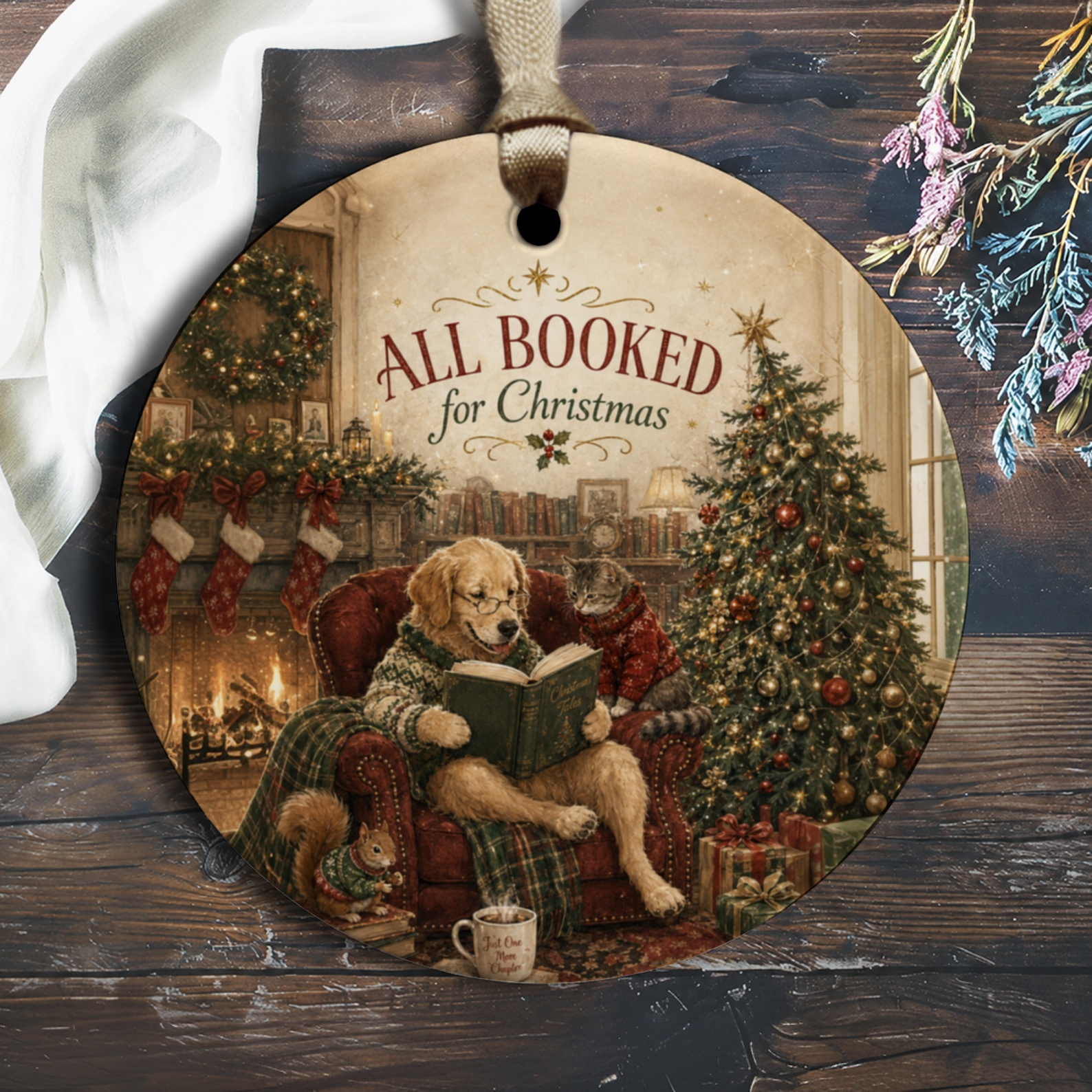 All Booked For Christmas Ornament Cozy Holiday Decor Dog Cat Reading Festive Tree Fireplace Gift For Book Lover O1764
