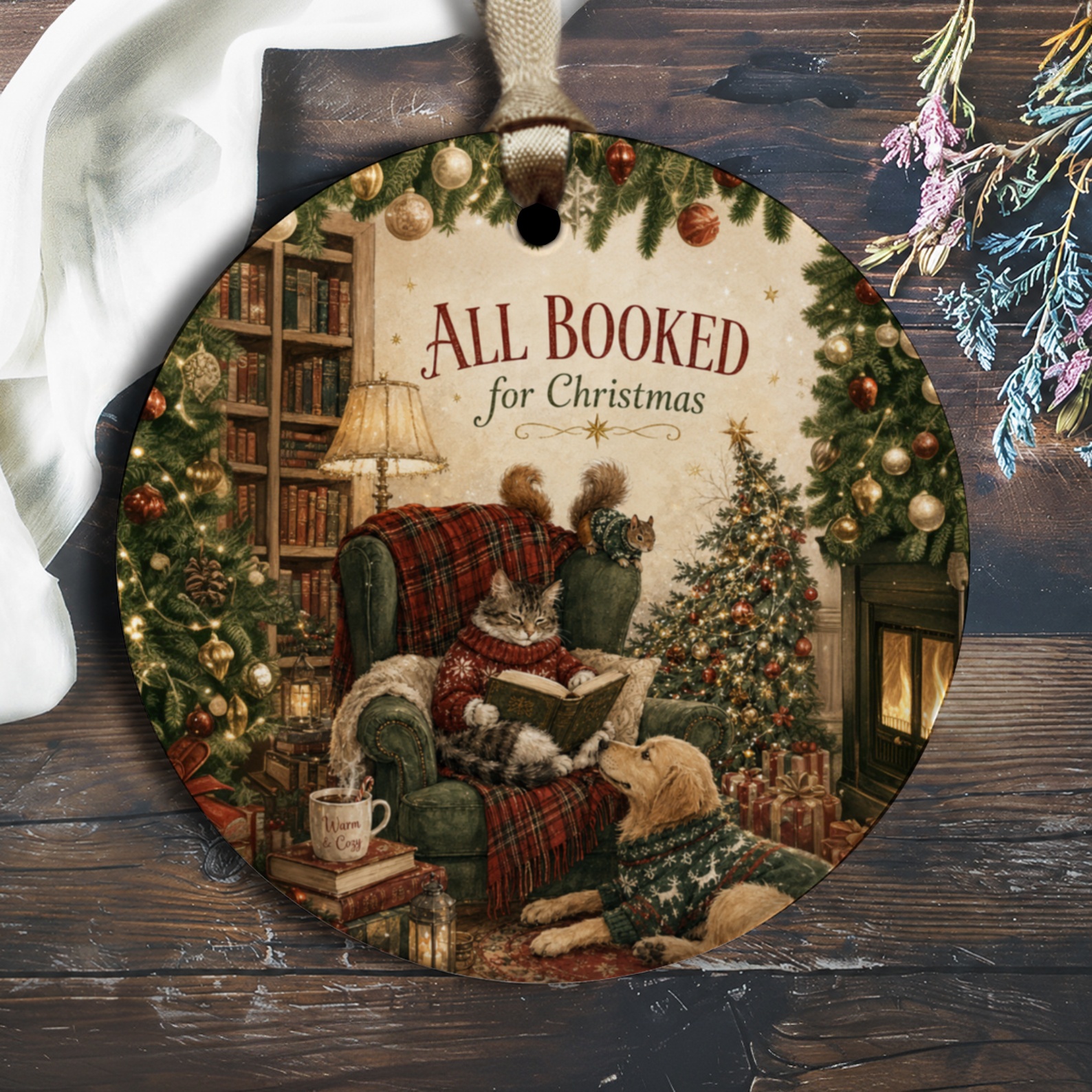 All Booked For Christmas Ornament Cozy Holiday Decor Cat Dog Lovers Festive Tree Decoration Cute Animal Christmas Ornament O1765