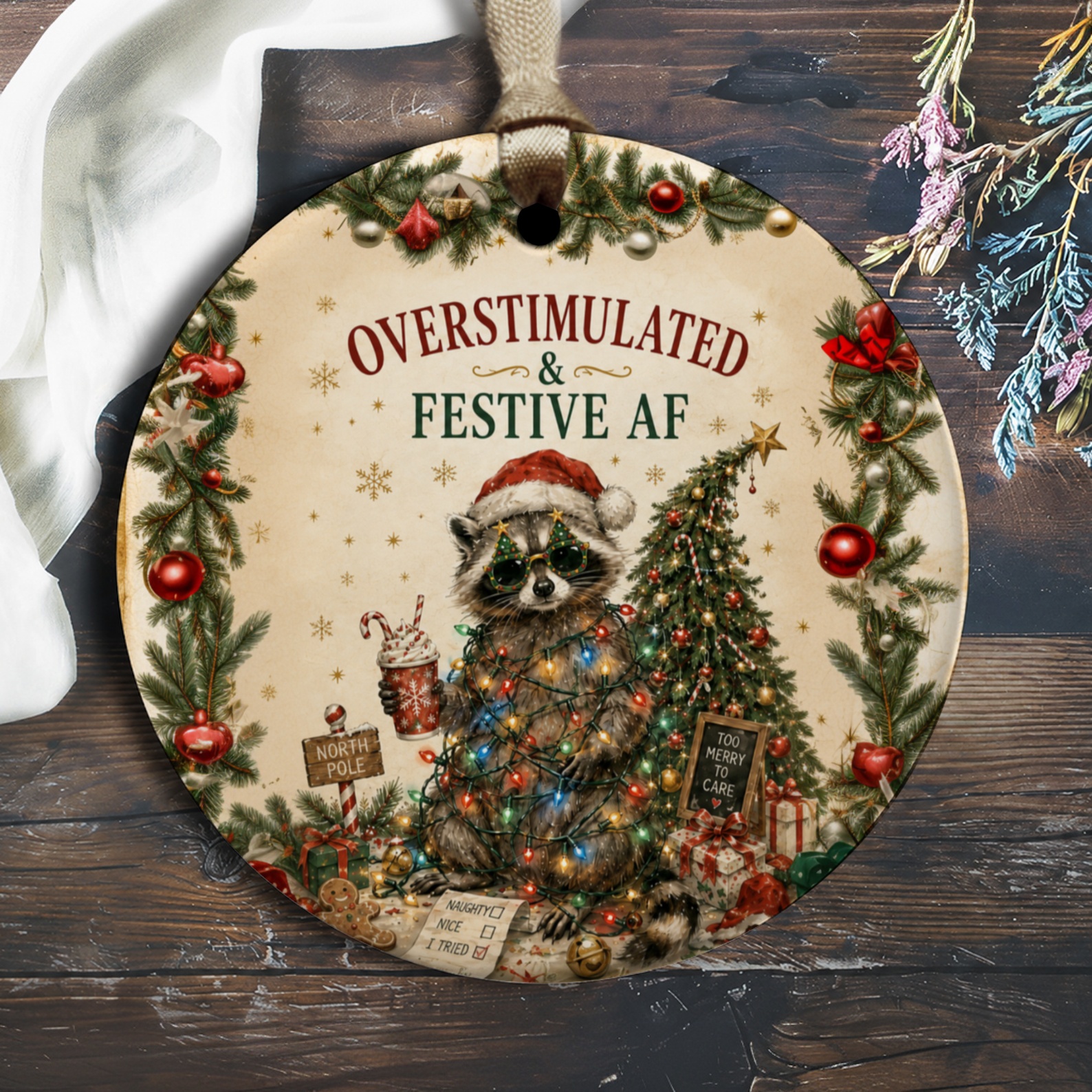 Overstimulated & Festive Af Christmas Ornament Funny Raccoon Holiday Decor Cute Animal Tree Decoration Gift O1766
