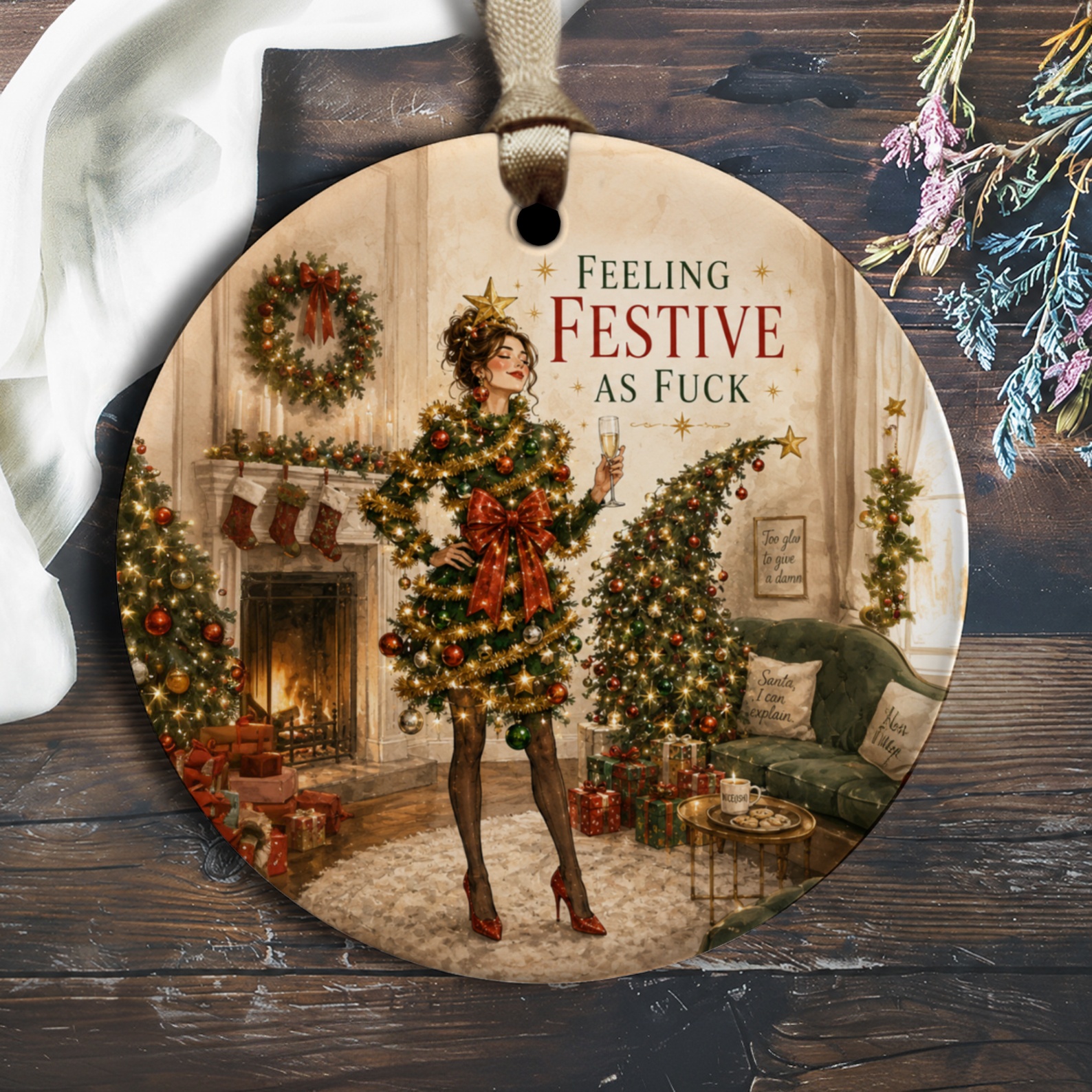 Feeling Festive As Fuck Christmas Ornament Funny Holiday Decor Unique Xmas Tree Decoration Gift For Her Home Decor O1768