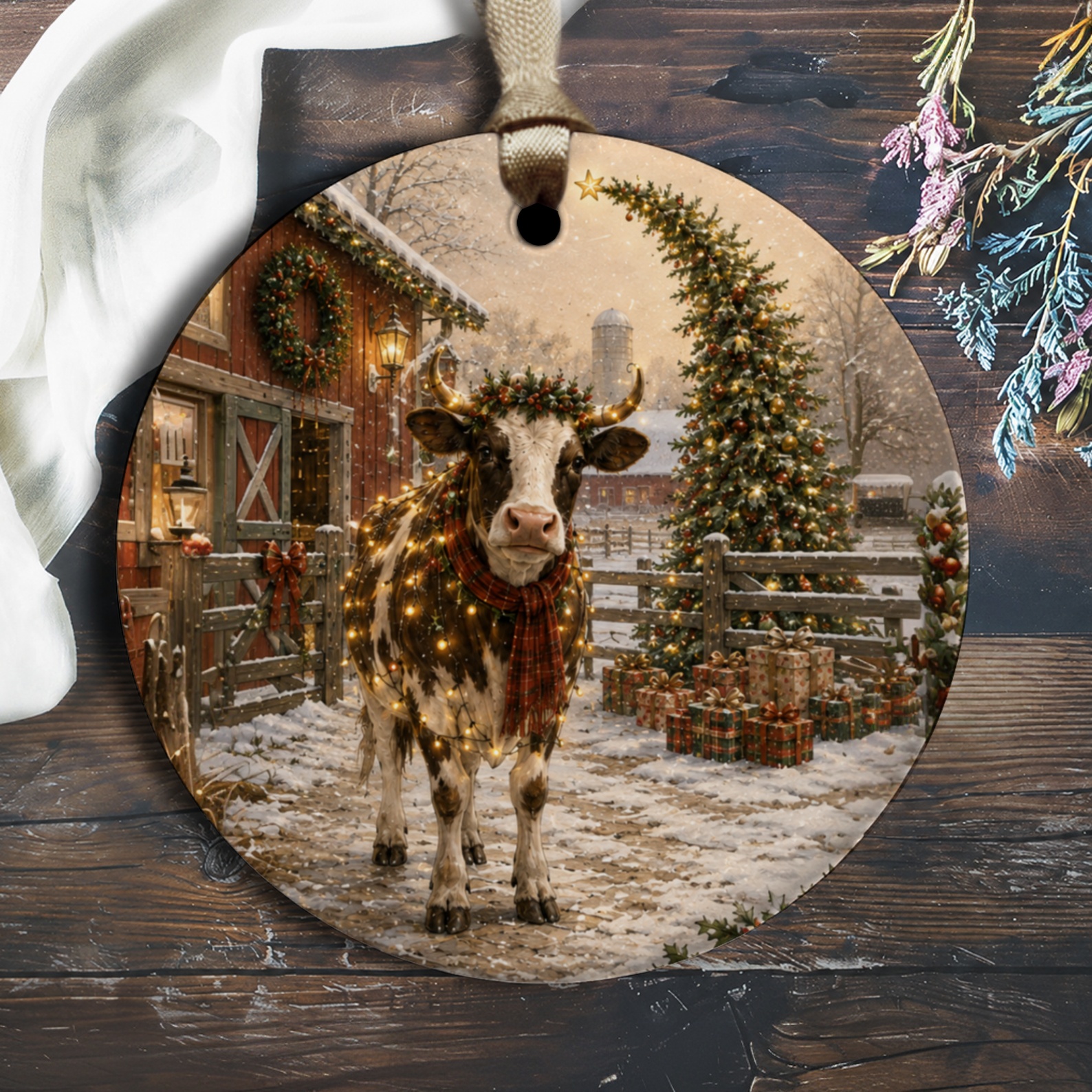 Festive Cow Christmas Ornament Rustic Farmhouse Holiday Decor Cute Animal Winter Scene Tree Decoration O1770