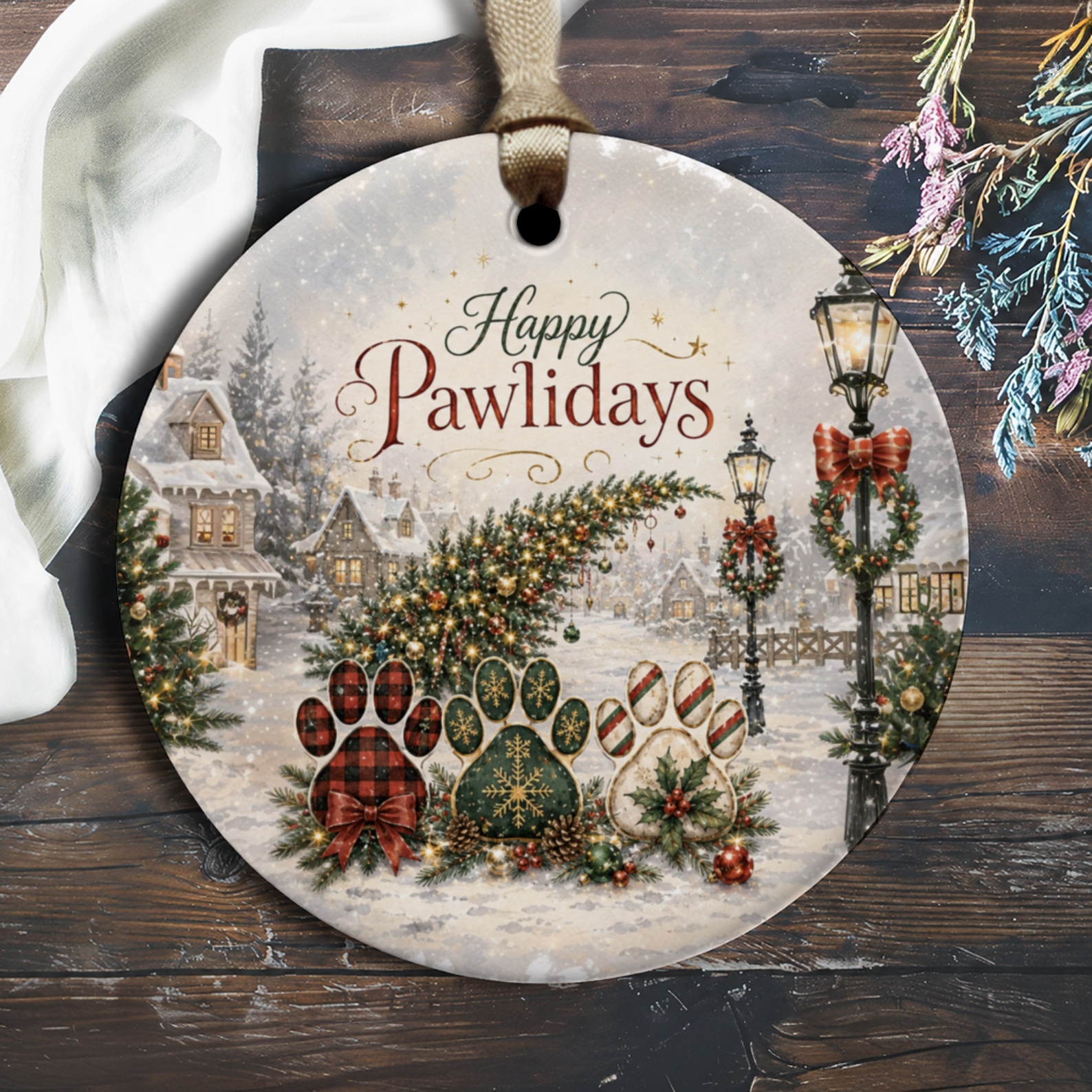 Happy Pawlidays Christmas Ornament Festive Paw Prints Winter Scene Holiday Decor Pet Lover Gift Cute Dog Cat O1771