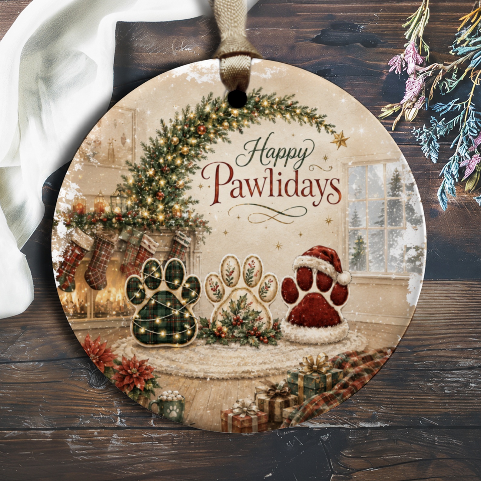 Happy Pawlidays Christmas Ornament Festive Paw Print Decor Holiday Dog Lover Gift Cute Pet Decoration O1772