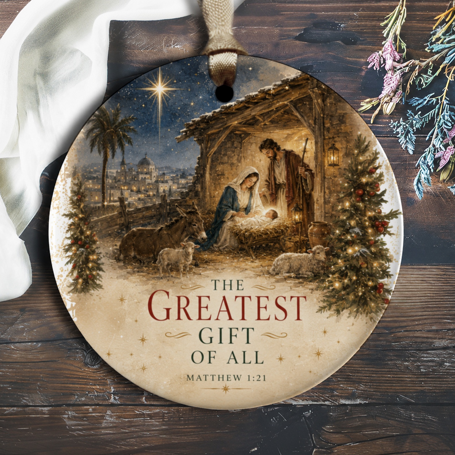 The Greatest Gift Of All Christmas Ornament Nativity Scene Matthew 1:21 Religious Holiday Decor Christian Gift O1773