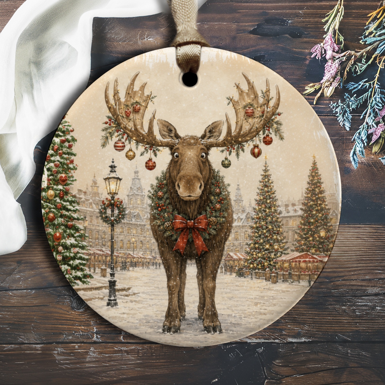 Moose Christmas Ornament Festive Holiday Decor Winter Wonderland Scene Rustic Woodland Animal Ornament For Tree Decoration O1788