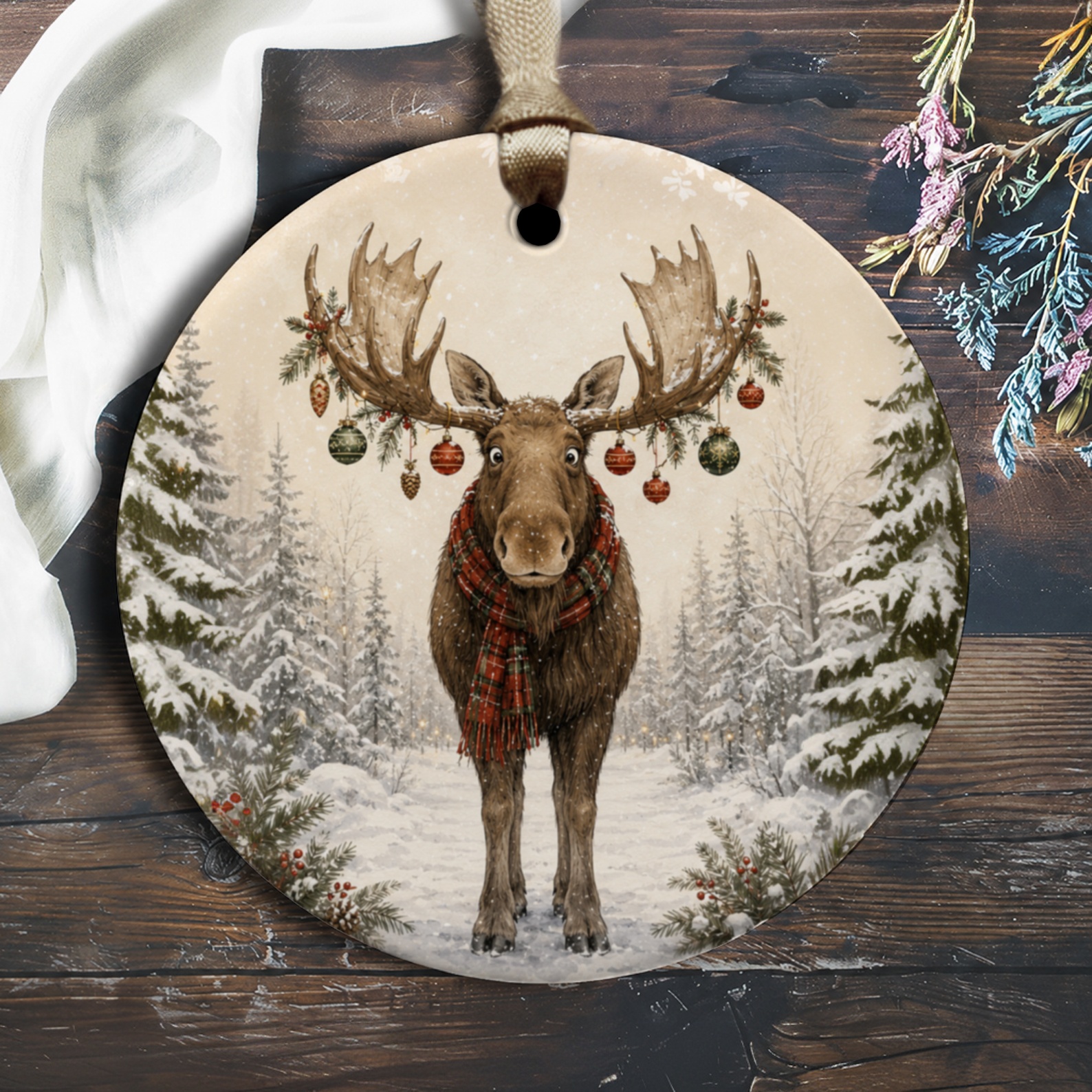 Moose With Ornaments Christmas Ornament Winter Forest Scene Holiday Decor Cute Animal Ornament For Nature Lovers O1789