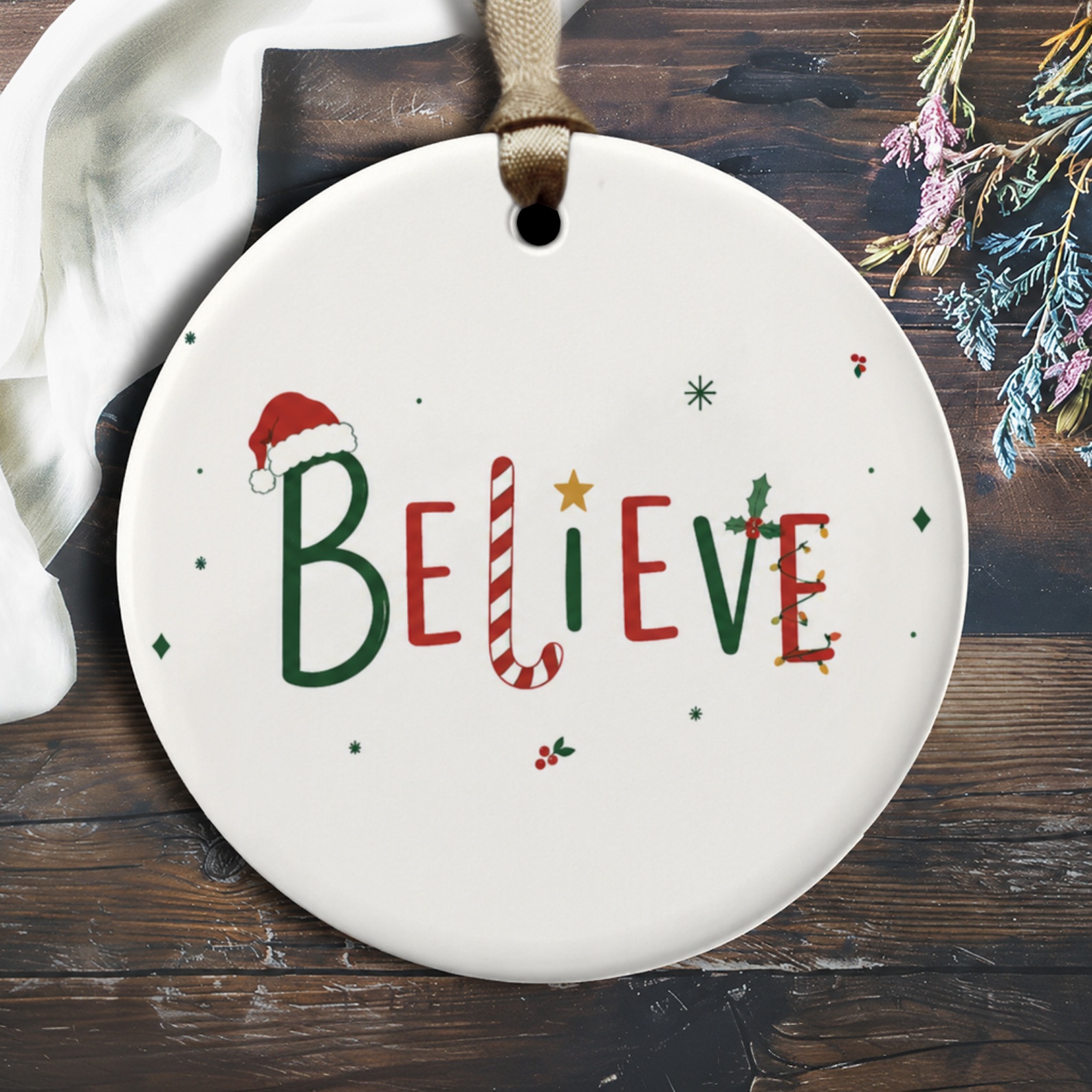 Believe Christmas Ornament Festive Holiday Decor Santa Hat Candy Cane Xmas Tree Decoration Gift O1792