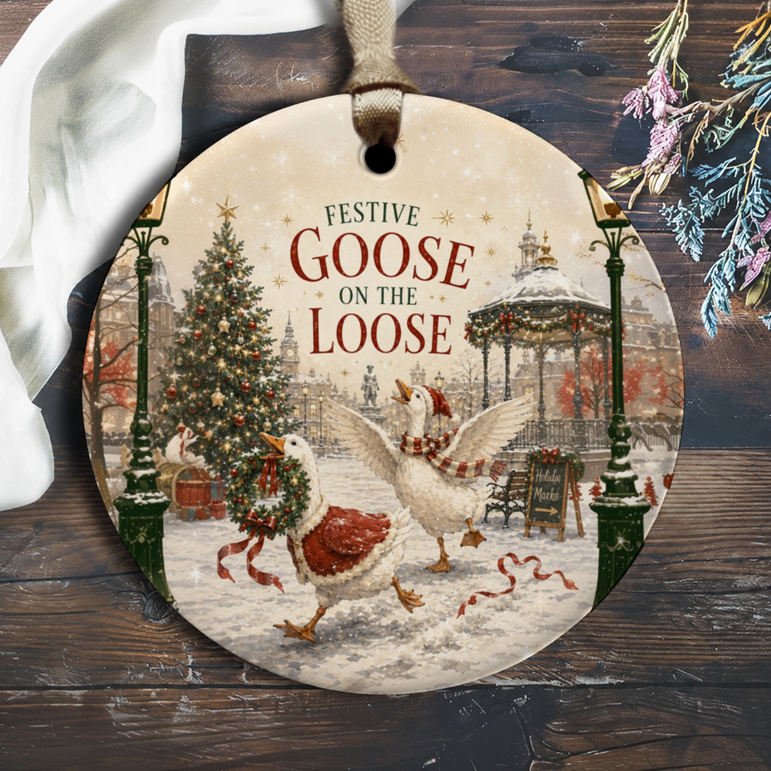 Festive Goose On The Loose Christmas Ornament Holiday Decor Winter Scene Goose Lovers Cute Festive Ornament O1799