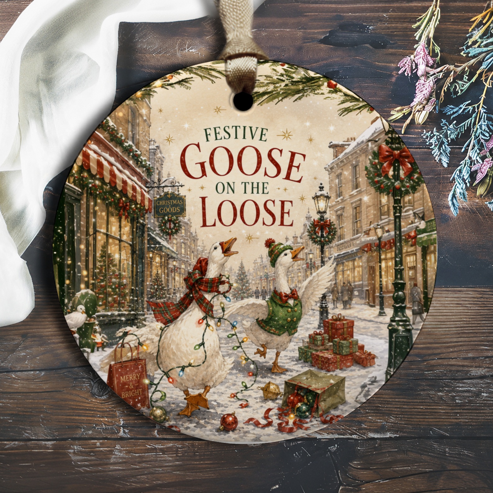Festive Goose On The Loose Christmas Ornament Holiday Decor Cute Goose Winter Scene Festive Home Decoration Gift O1800