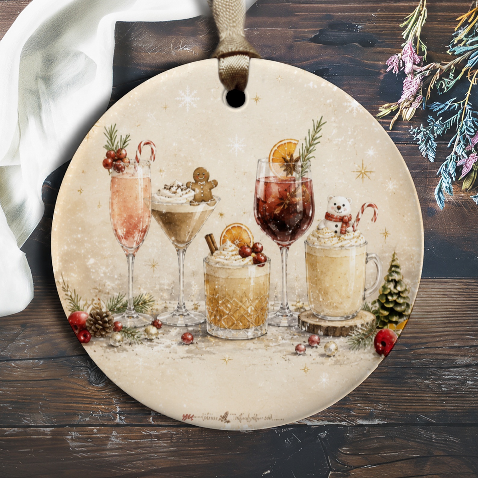 Festive Holiday Drinks Ornament Christmas Decor Winter Cocktail Glasses Snowman Gingerbread Cute Seasonal Decoration O1801