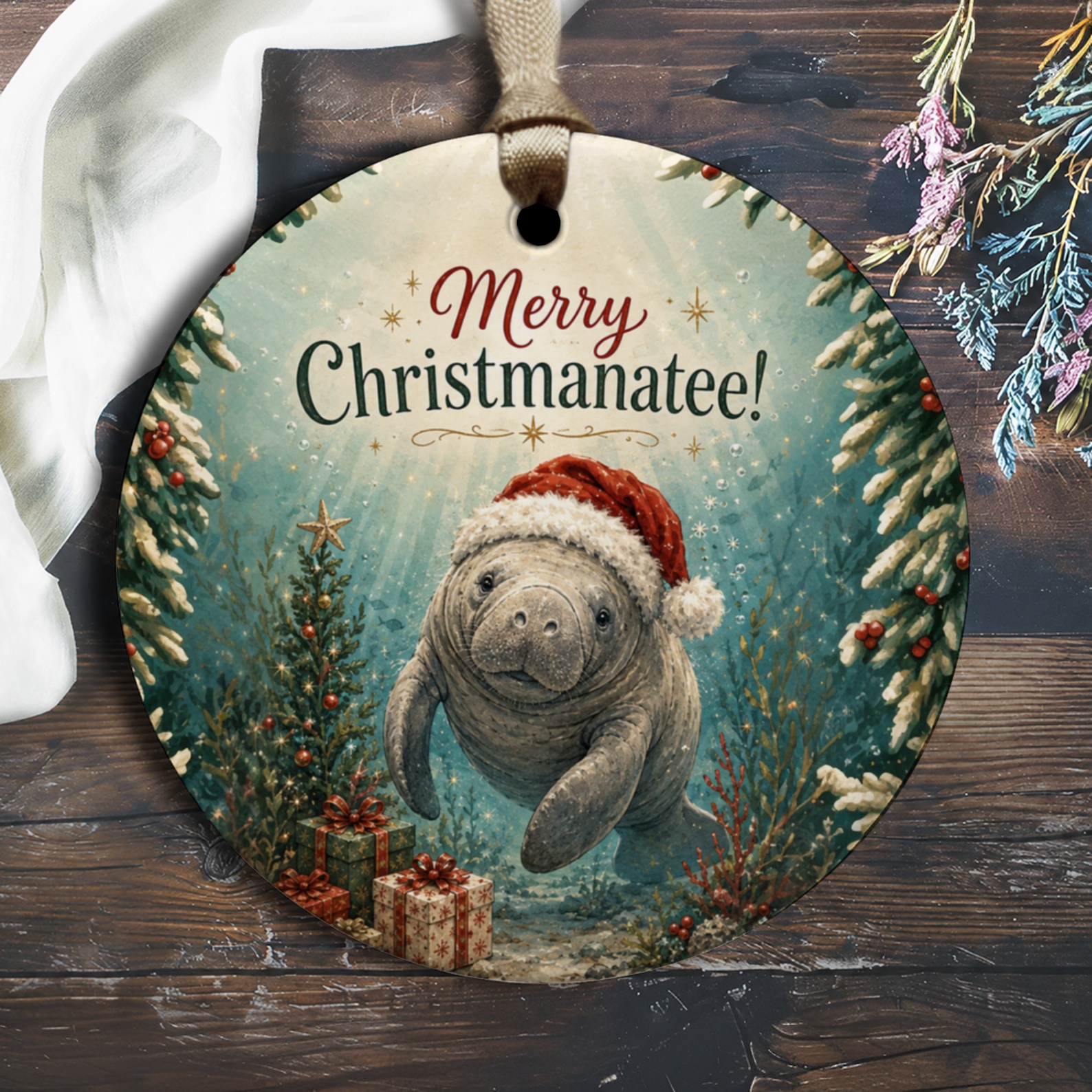 Merry Christmanatee! Christmas Ornament Cute Manatee With Santa Hat Holiday Decor For Animal Lovers Festive Tree Decoration O1718
