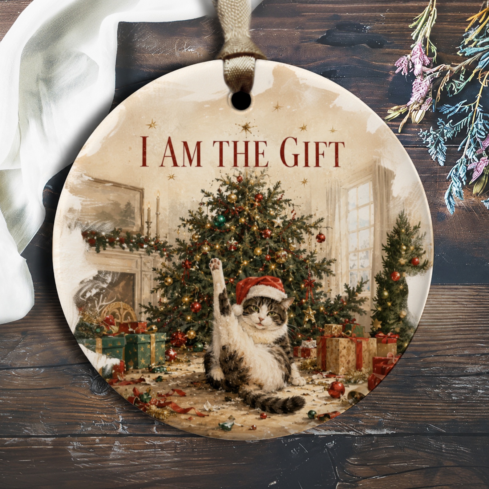 I Am The Gift Cat Christmas Ornament Funny Holiday Decor Cute Kitty Tree Decoration Festive Gift Idea For Cat Lovers O1746