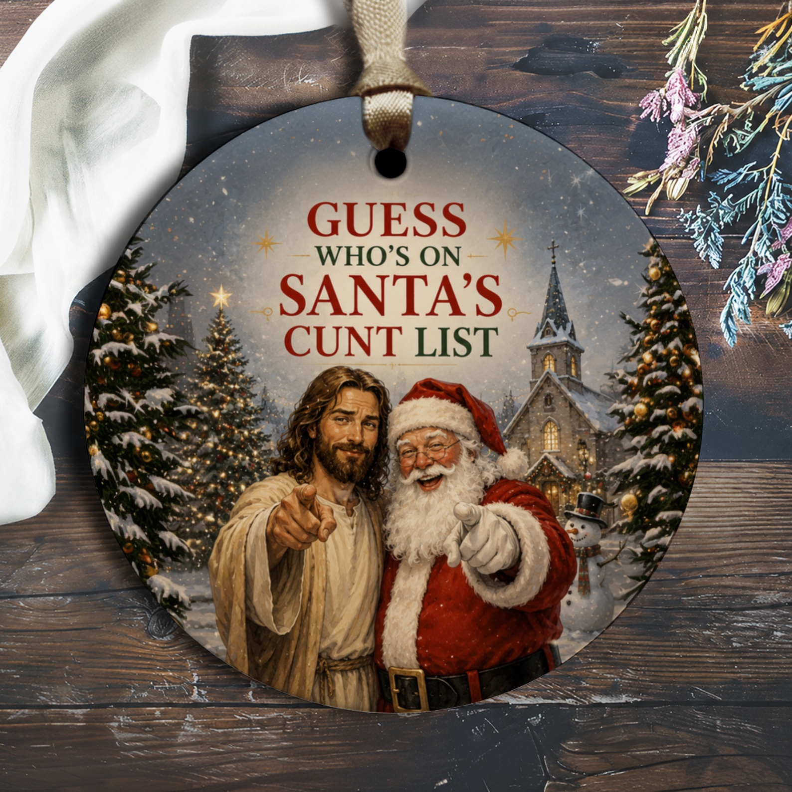 Guess Who's On Santa's Cunt List Funny Christmas Ornament Santa And Jesus Holiday Decor Xmas Tree Decoration O1747