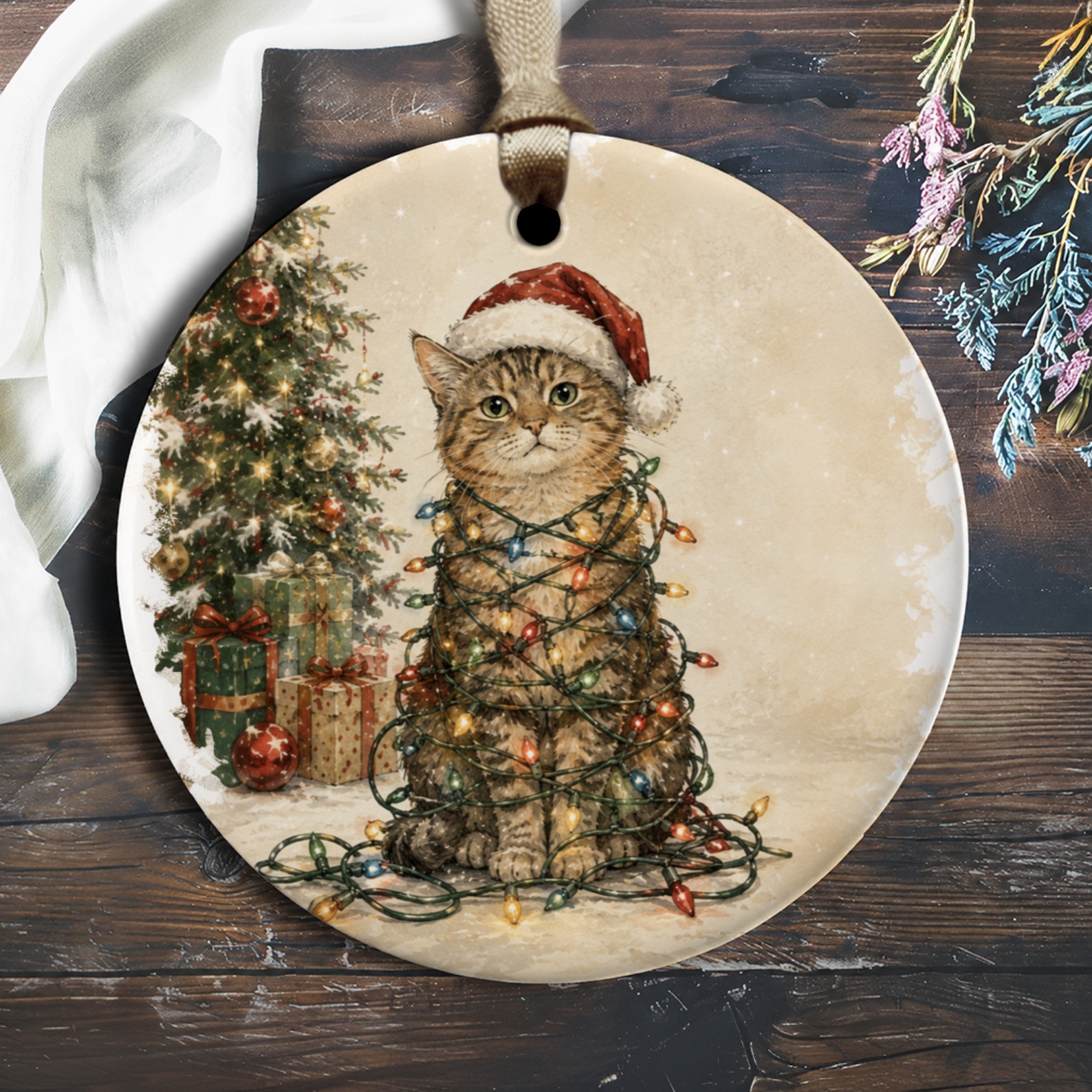 Christmas Cat Ornament Cute Holiday Decor Cat Lover Gift Santa Hat Lights Festive Tree Decoration Adorable Pet Ornament O1750